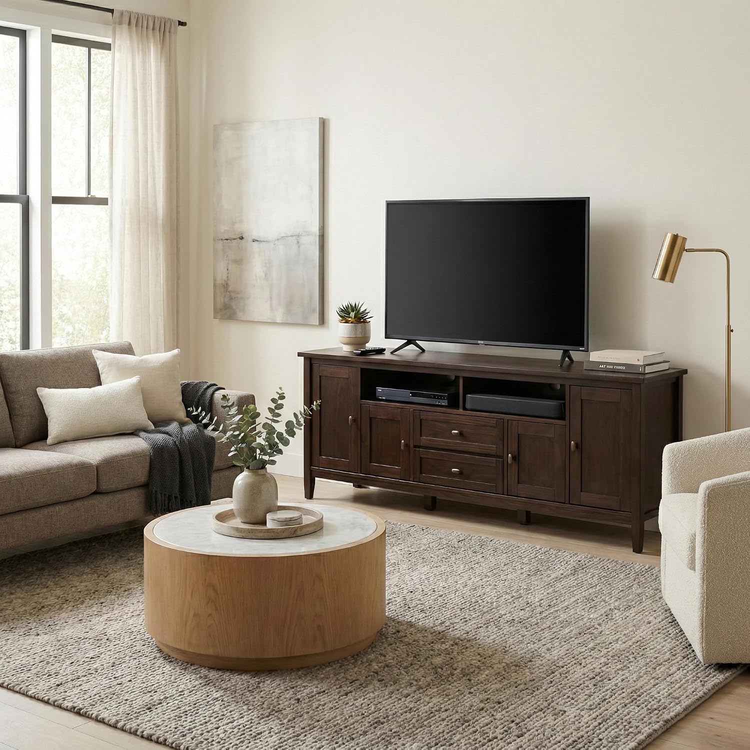 SIMPLIHOME Warm Shaker 47" Wide Solid Wood TV Stand in Light Golden Brown
