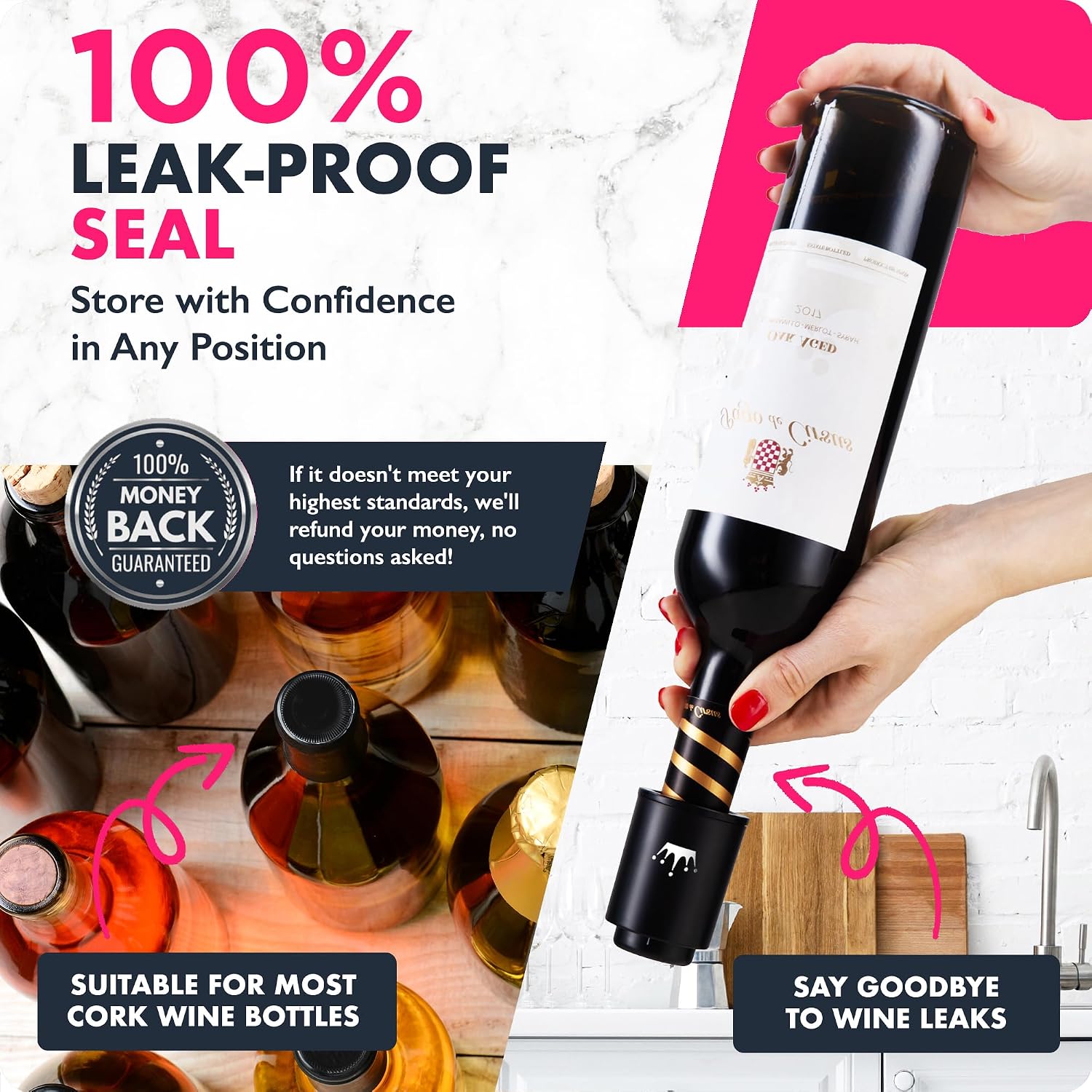 VINABON Vacuum Wine Stopper Set [Pack of 2] - Updated 2026 Preserves Freshness and Flavor for 15 Days. Improved One Pump Button Design