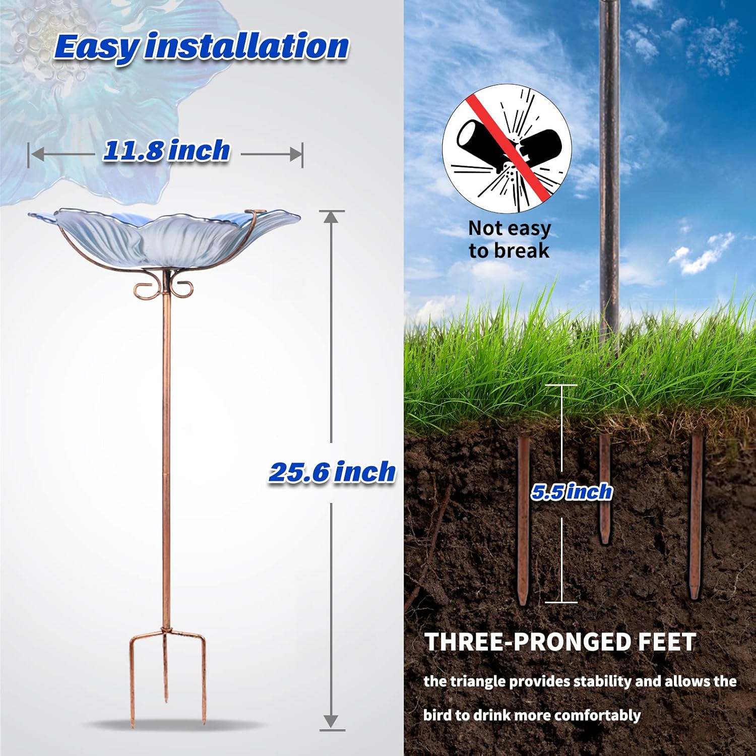 MUMTOP Glass Bird Bath Outdoor Birdfeeder Blue Flower Bowl with Metal Stake