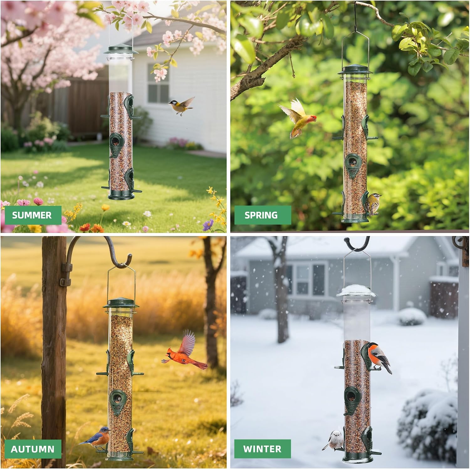 MIXXIDEA 1PK Metal Bird Feeders with 6 Feeding Ports, Tube Bird Feeder with Steel Hanger, Hard Plastic Wild Bird Feeder for Outdoors Hanging