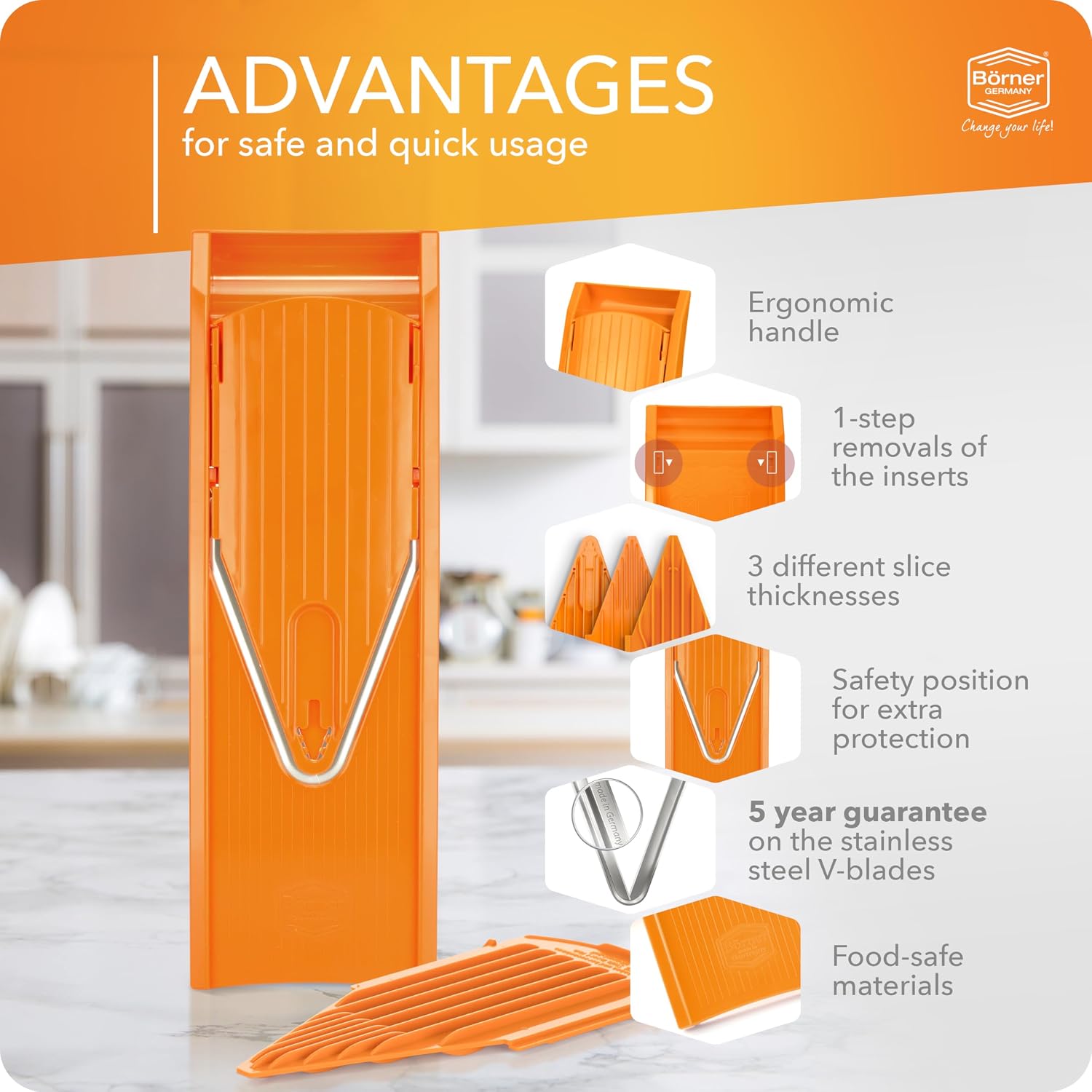 BORNER V Mandoline Slicer Kitchen V1 ClassicLine Starter Set | Vegetable Grater Börner - Quality Made in Germany, Color:Orange