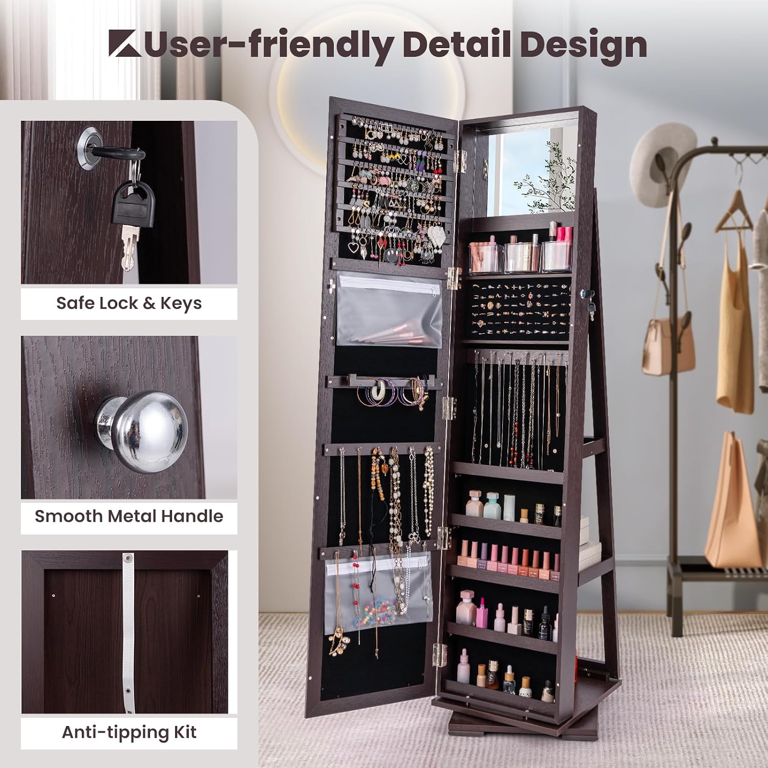 CHARMAID 360° Swivel Jewelry Armoire with Higher Full Length Mirror, Standing Lockable Jewelry Cabinet Organizer with Large Storage Capacity