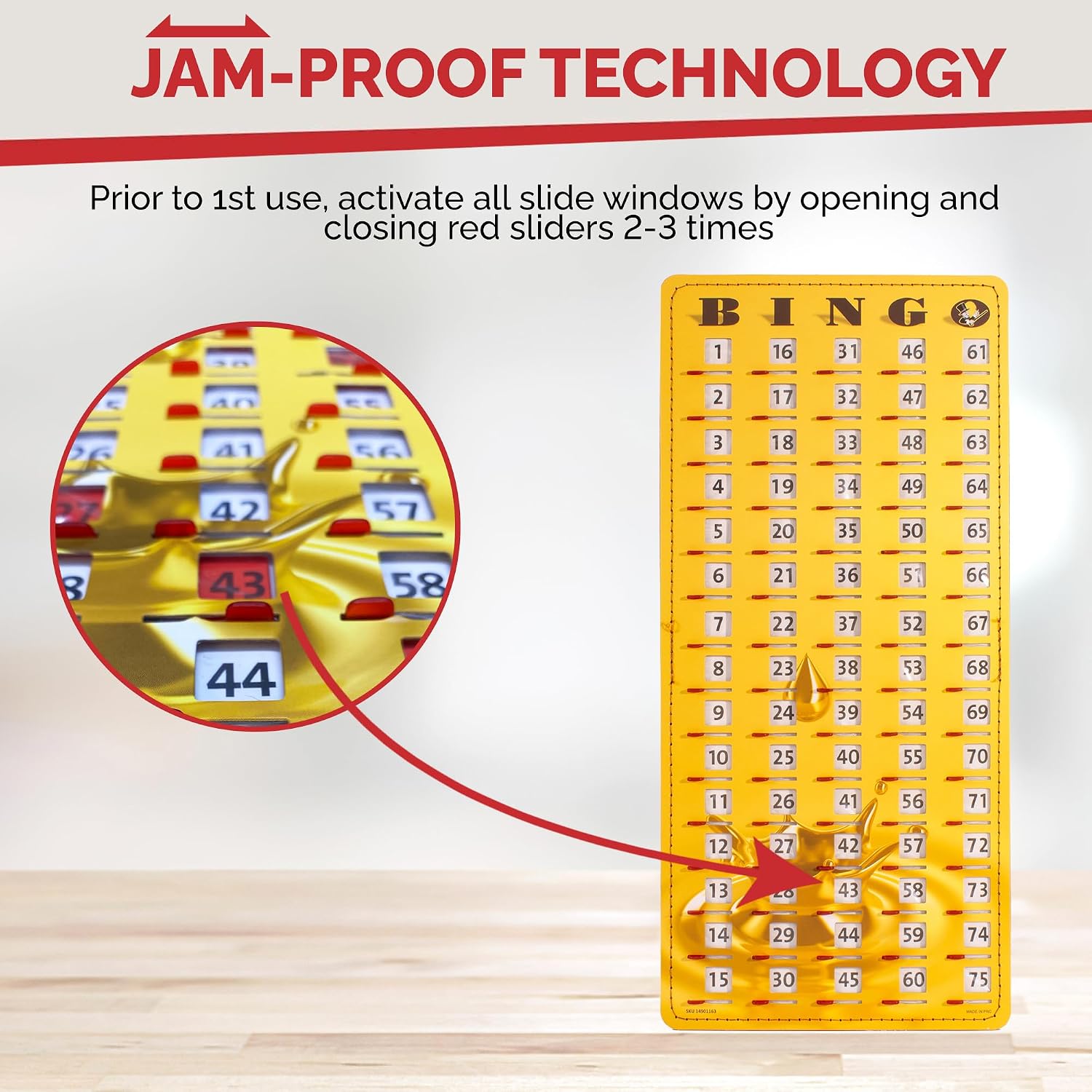 MR CHIPS Large 14.75" L x 6.75" W Jam-Proof Finger Tip Bingo Master Board Card with Large 3/4" Sliding Windows, Thick 5 Ply Cardboard, Gold Rush Style