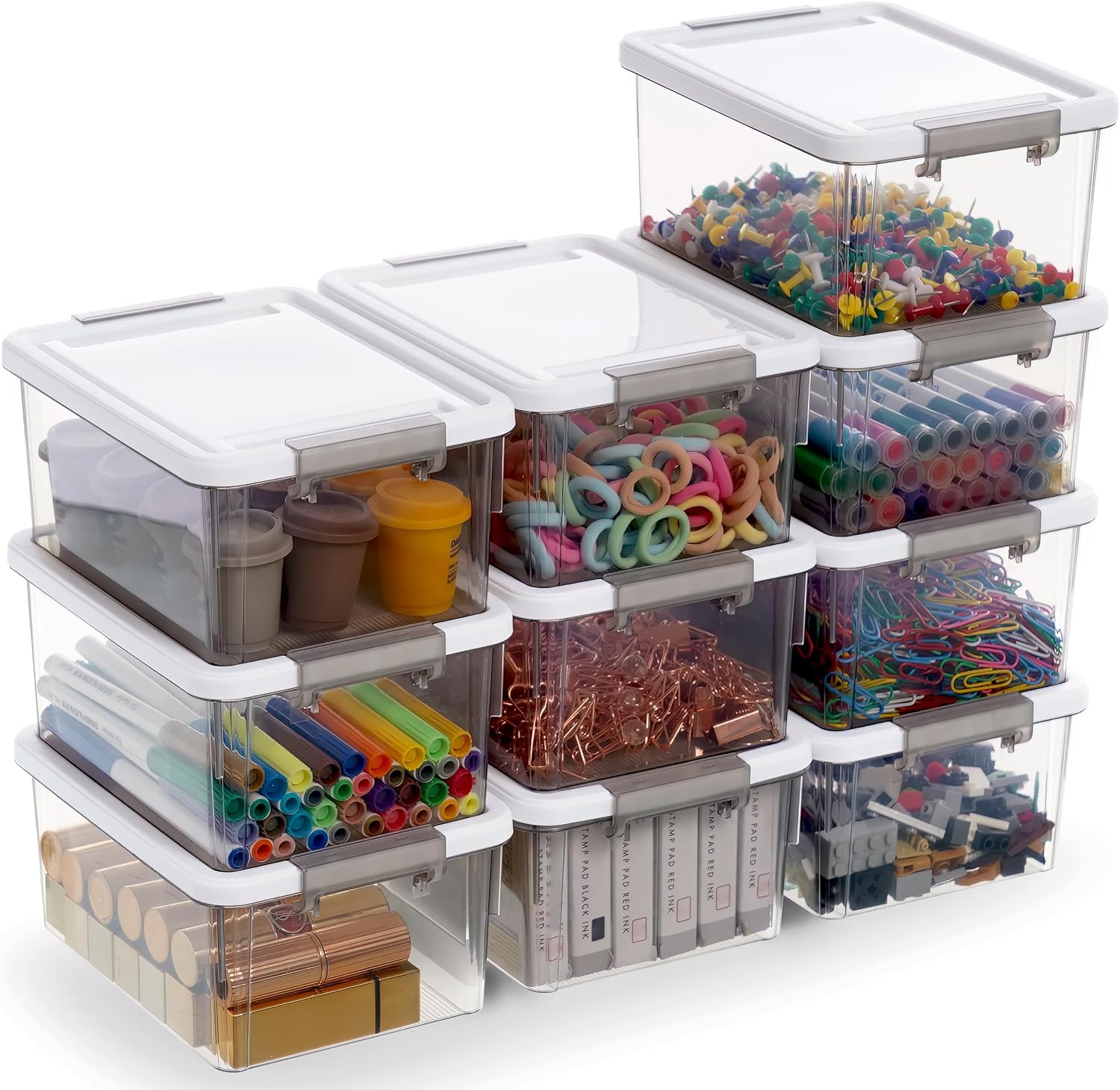 Citylife 10Packs 1.3Qt Small Storage Bins with Lids,Stackable Clear