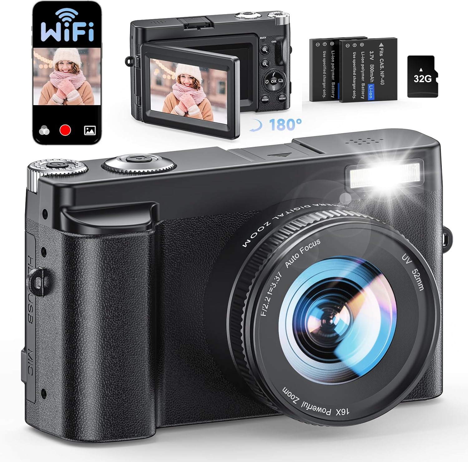 4K Digital Camera for Photography, with WiFi, 180° Flip Screen, 32GB Card | 64MP, Autofocus, 30FPS Video, Flash, Anti-Shake, 16X Zoom