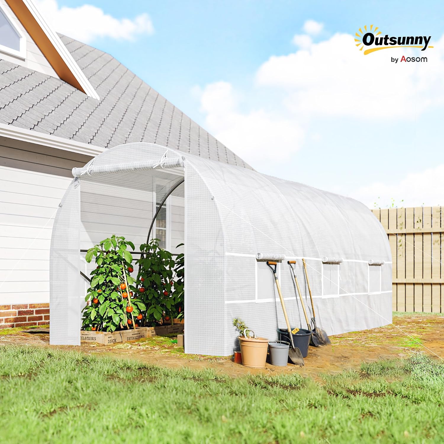 Outsunny 15' x 7' x 7' Walk-in Tunnel Greenhouse Large Steel Frame White