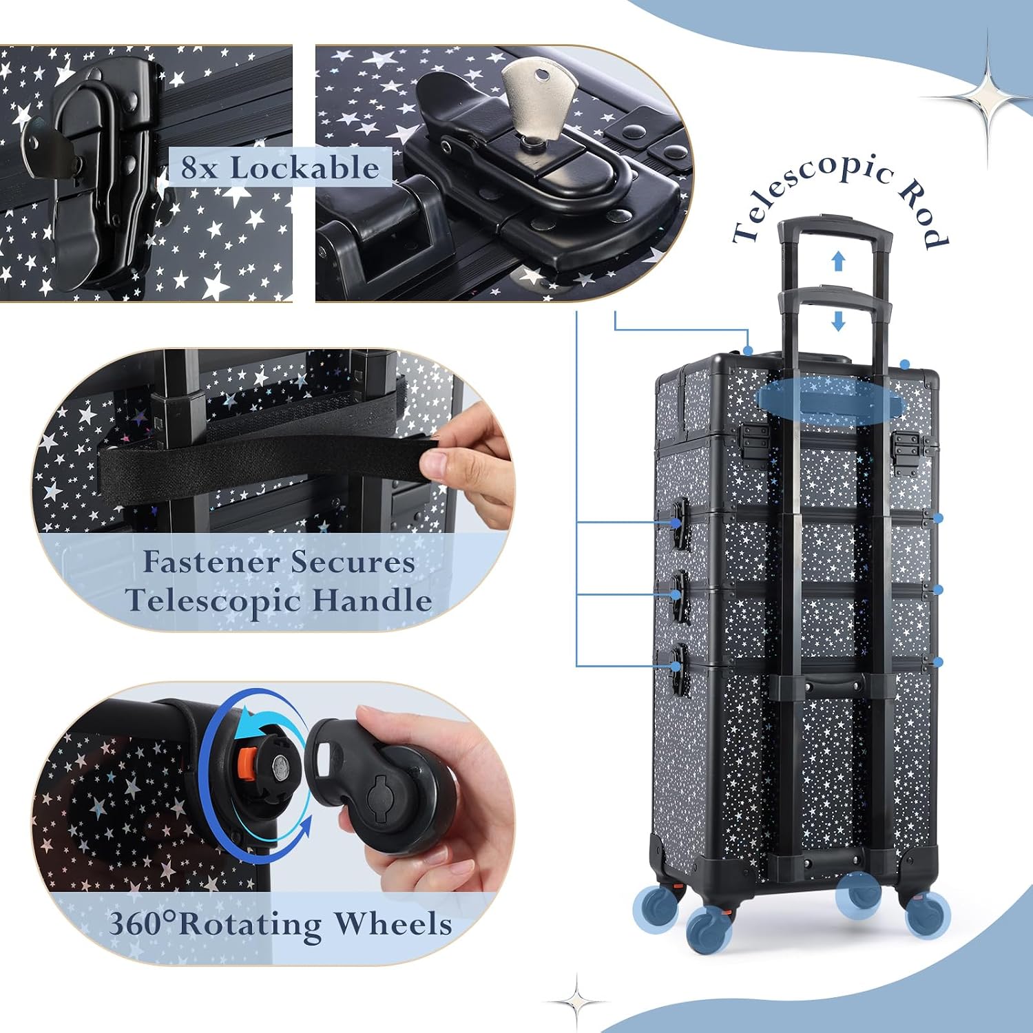 Stagiant Rolling Makeup Case Cosmetology Case on Wheels 4 in 1 Large Cosmetic Organizer Train Case Makeup Travel Case with Key Swivel Wheels Nail