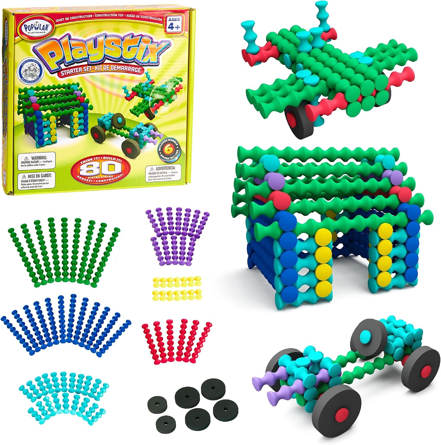 POPULAR PLAYTHINGS Playstix, Starter Set 80 Piece, Building Sticks Kit | for Kids Ages 4 and Up, Construction Stem Building Toy Gift, for Boys & Girls