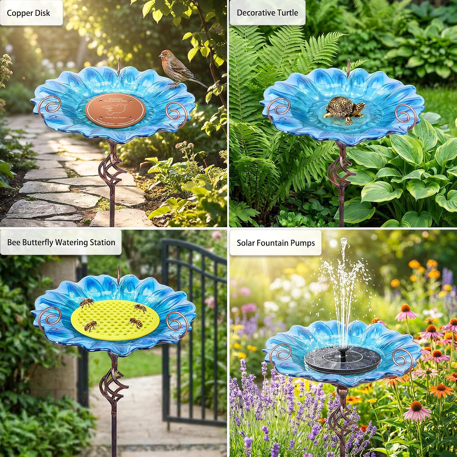MUMTOP Bird Bath Outdoor, Glass Birdbath Bowl with Stake Garde Decor, Blue