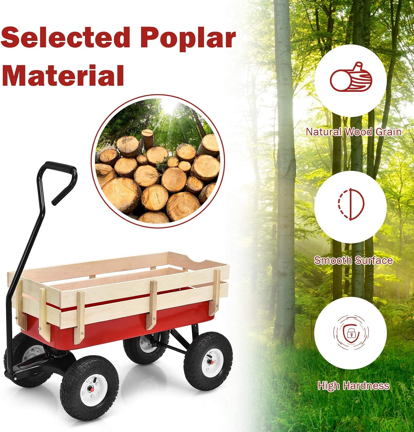 ReunionG Garden Cart with Free-Rotating Wood Railing, Kids Outdoor Wagon with Rubber Wheels, All Terrain Cargo Wagon with 330lbs Weight Capacity, Red