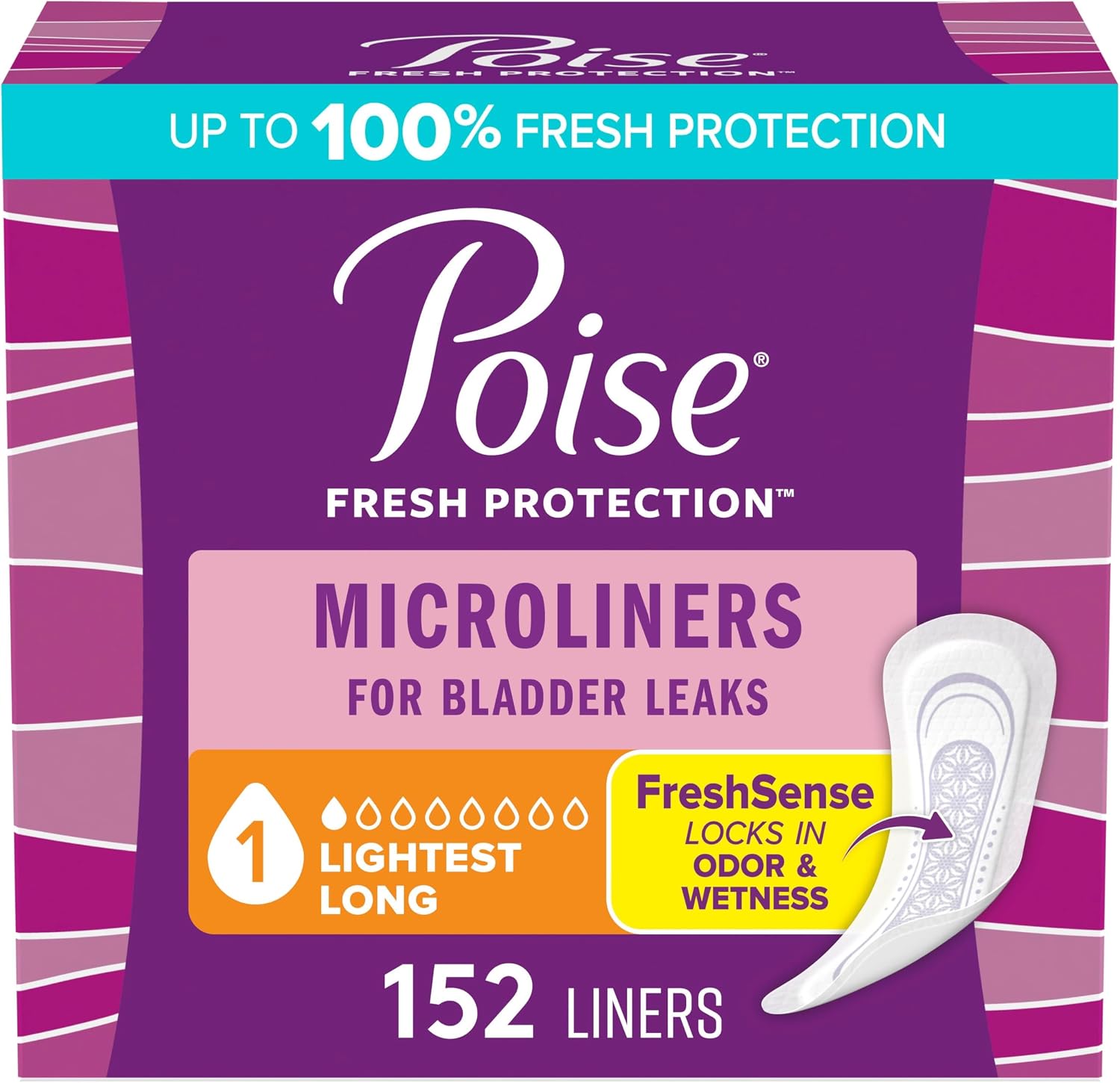 Poise Daily Liners, Incontinence Panty Liners for Bladder Leaks, 2 Drop Very Light Absorbency, Long Length, 264 Count of Pantiliners (6 Packs of 44), Packaging May Vary