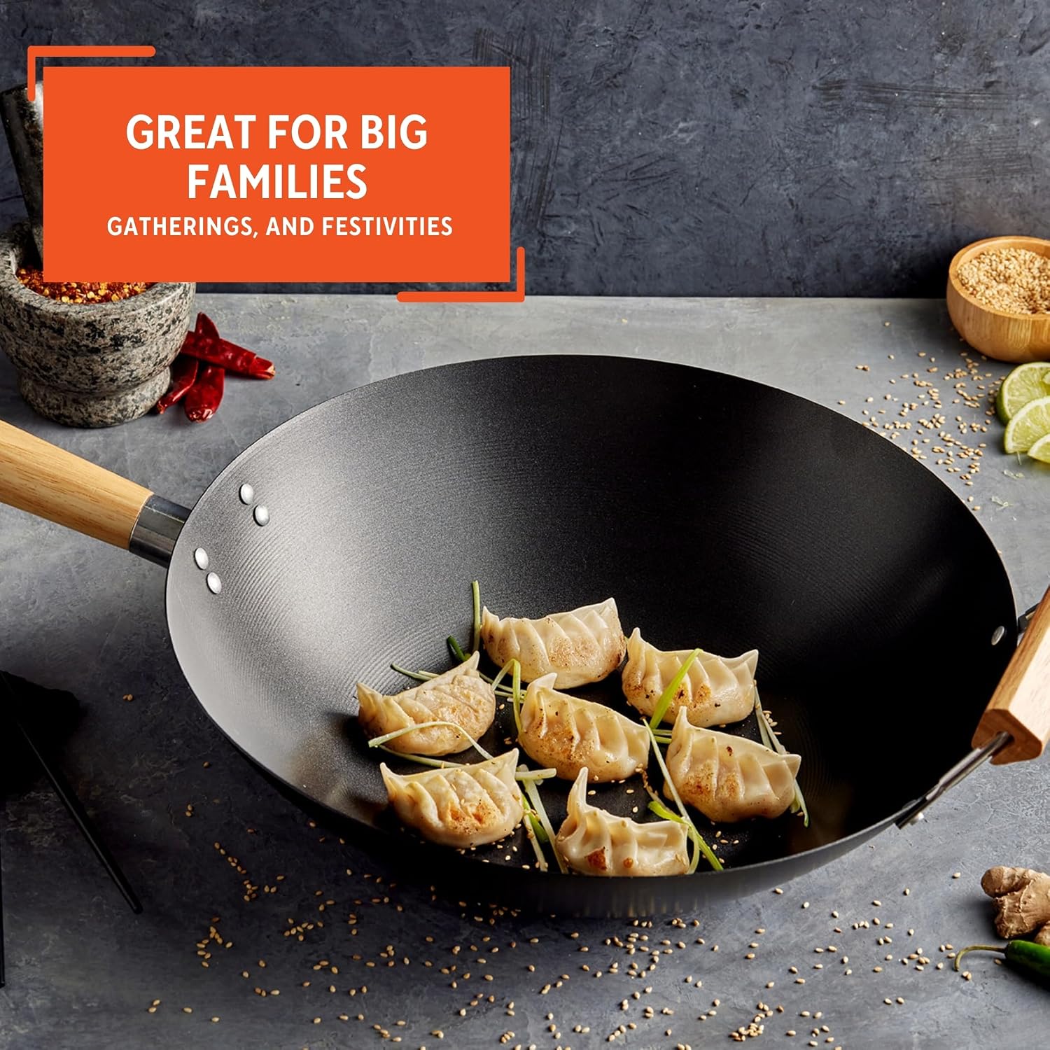 IMUSA 9.5 Inch Carbon Steel Nonstick Wok with Cool-touch Handle, Black | Cool-Touch Handle, Ideal for Stir Fry, Great for Everyday Meals