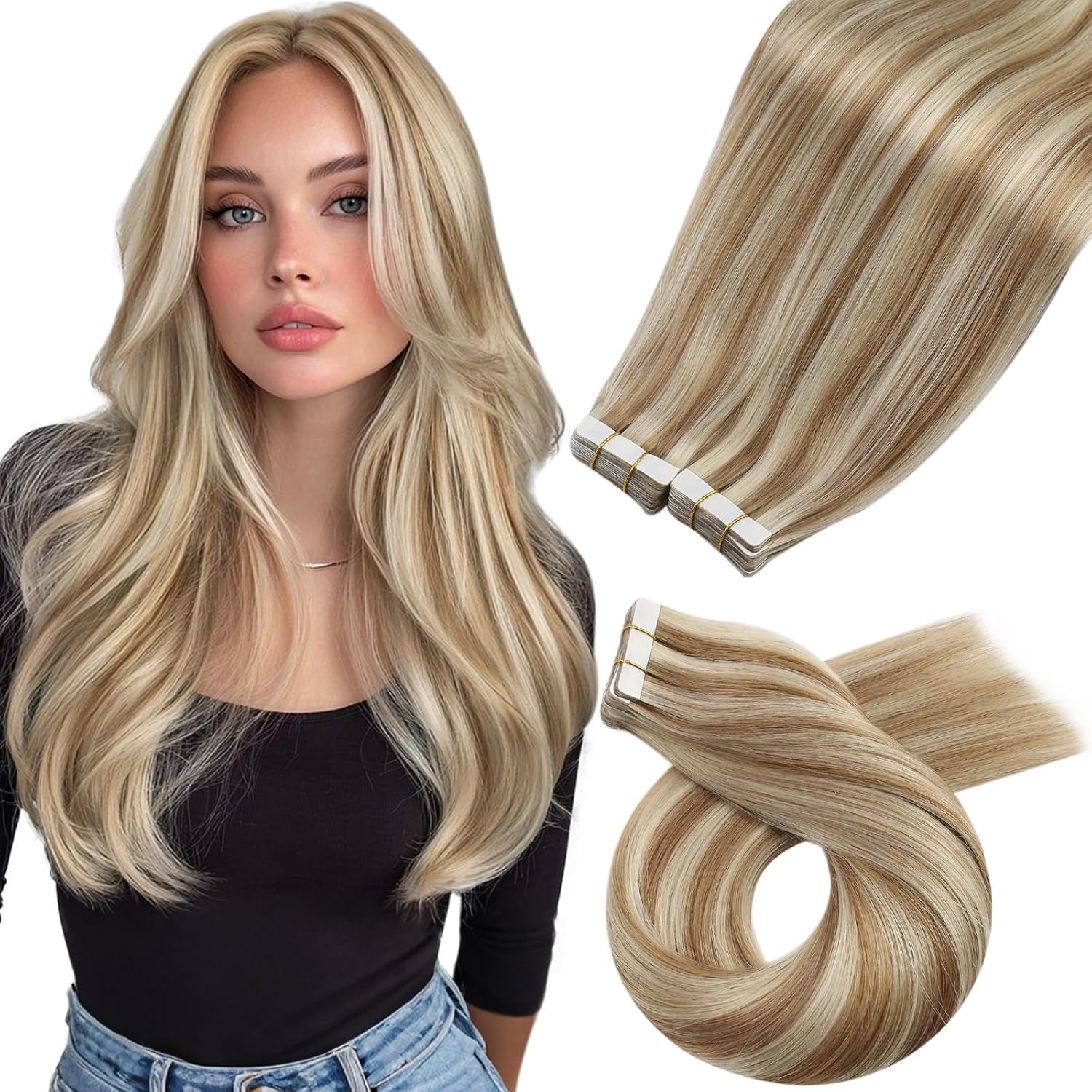 Moresoo Black Tape in Hair Extensions Human Hair, 18 Inch, 20Pcs, 50g