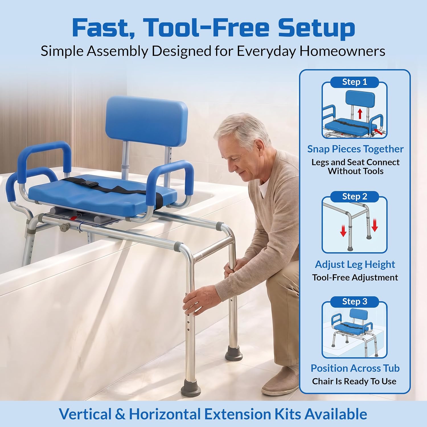 Carousel Sliding Shower Chair Tub Transfer Bench with Swivel Seat Elderly | Slide Safely In & Out of the Tub - Blue, padded seat, padded armrests, swivel seat, backrest, portable, tool-free assembly