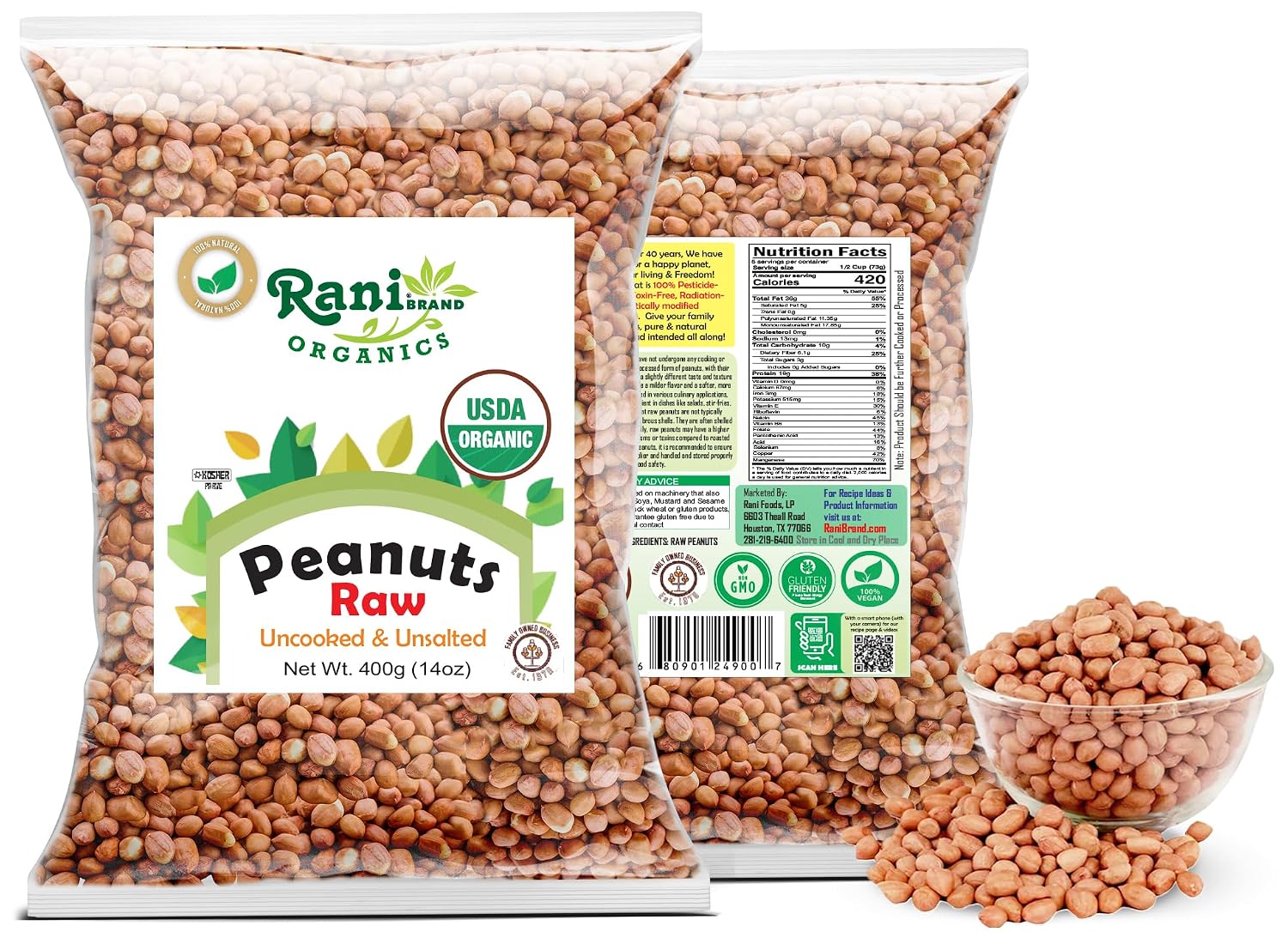 Rani Peanuts, Raw Whole With Skin (uncooked, unsalted) 14oz (400g) ~ All Natural | Vegan | Kosher | Gluten Friendly | Fresh Product of USA ~ Spanish Grade Groundnut/Red-skin