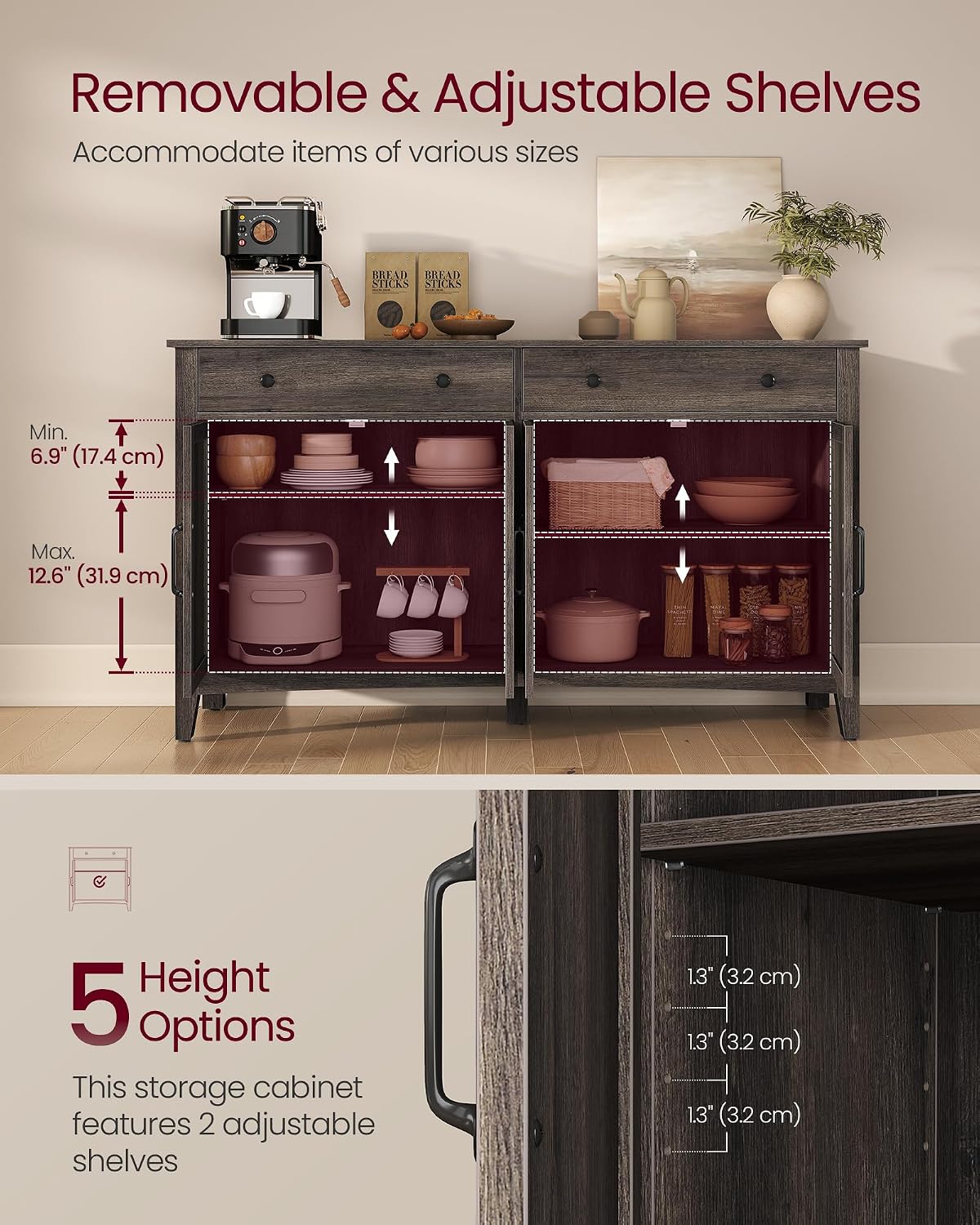 VASAGLE LIRY Collection - Storage Cabinet, Buffet Cabinet, Sideboard, Credenza, with Adjustable Shelves, for Entryway, Rustic White and Honey Brown ULSC381W01