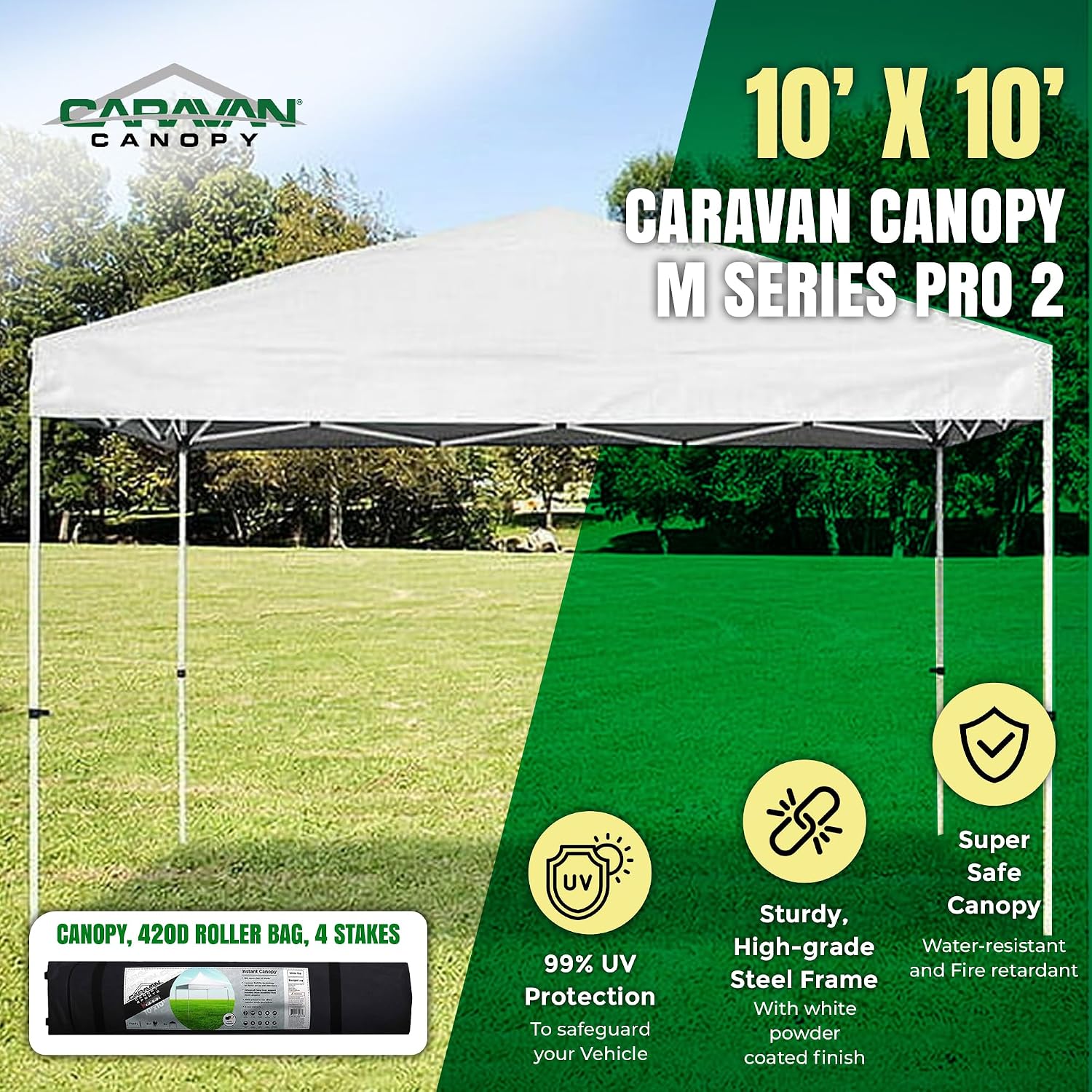 Caravan Canopy 12 by 12 Foot Polyester Straight Steel Leg Instant Pop Up Canopy Tent with Adjustable Height for Outdoor Events, Blue | 150D polyester top with 99 percent UV protection, 3 height settings to 9 ft, steel frame, roller bag and 4 stakes