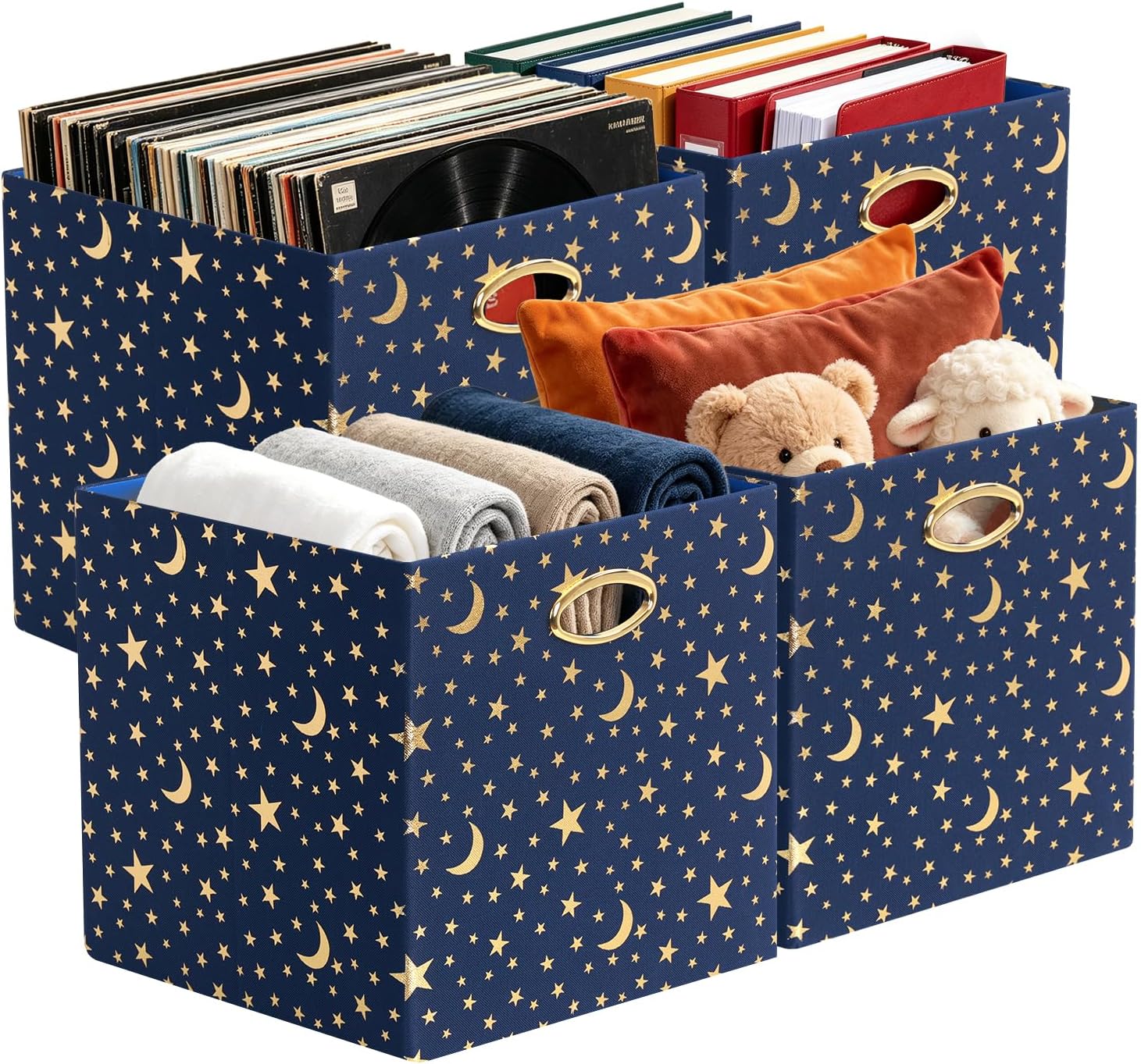 Posprica Storage Bins, Storage Cubes,13×13 Fabric Drawers Organizer Basket Boxes Containers (13×13×13/4pcs, Cream/gold geometry Pattern)