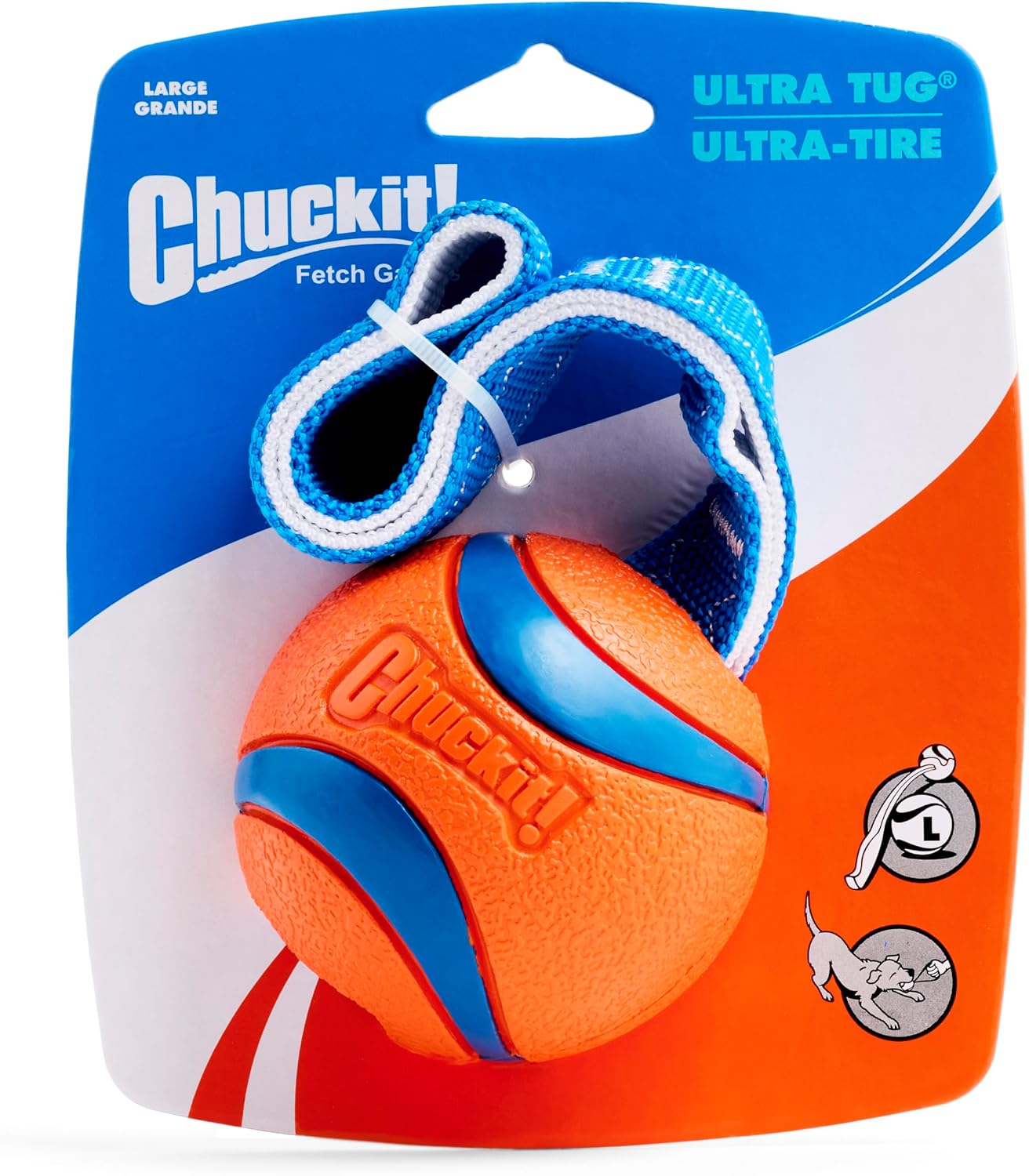 Chuckit! Ultra Tug Dog Toy - Ultra Ball on a Durable Nylon Cord Handle - Fetch and Tug-of-War Toy for Dogs - Size Large - For Breeds 60-100 lbs - 3-inch Diameter - Orange and Blue