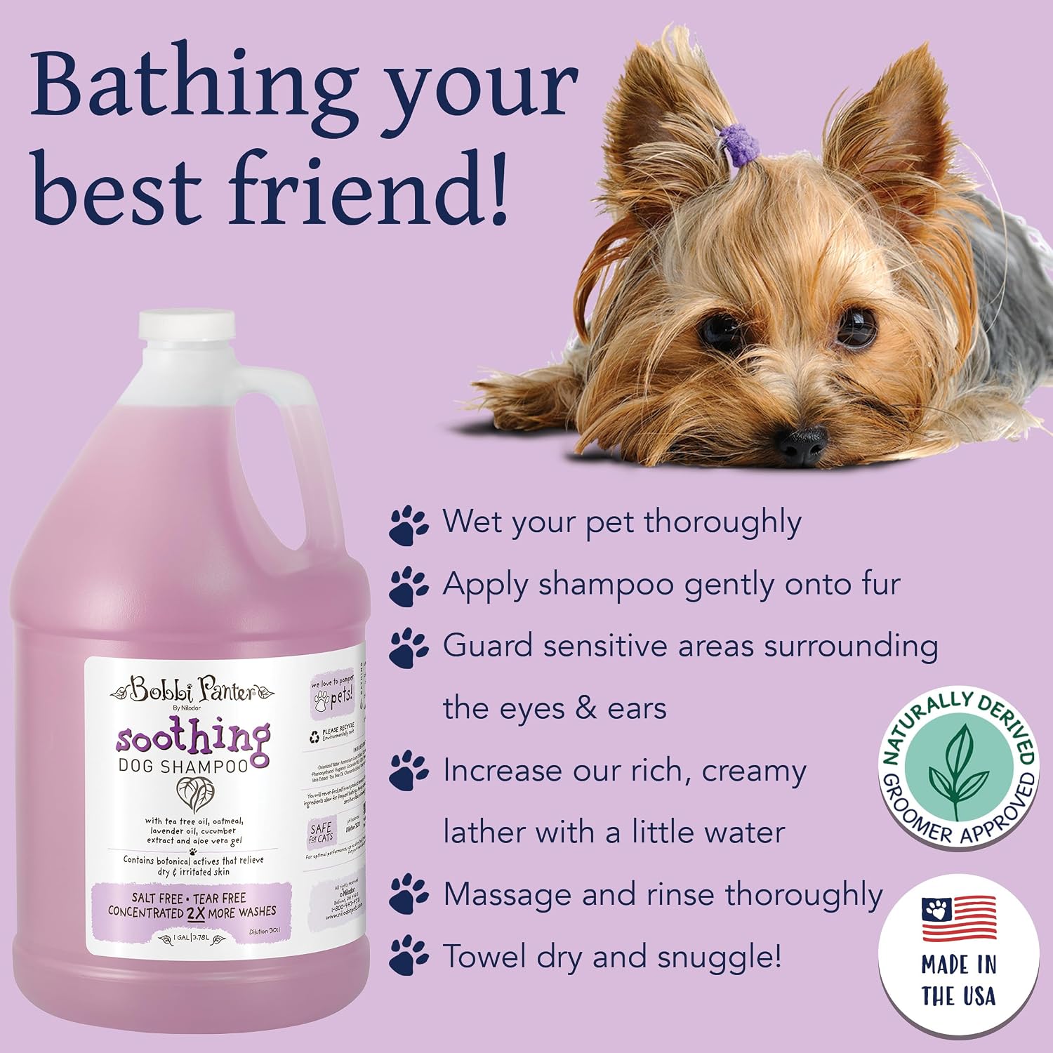 Bobbi Panter Soothing Dog Shampoo Tea Tree, Lavender, Cucumber & Oat Protein – Natural Formula for Sensitive Skin & Irritation Relief, Tear-Free, 30:1 Concentrate, Made in USA, 14 oz