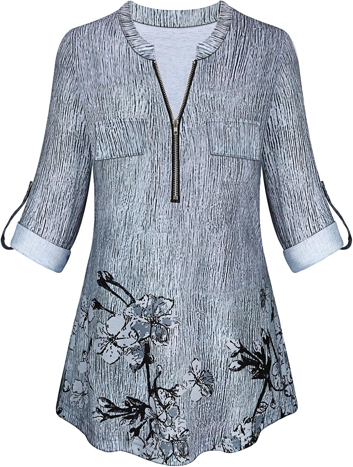 Tanst Sky Womens Casual Long Sleeve Zipped V Neck Plaid Tunic Blouses