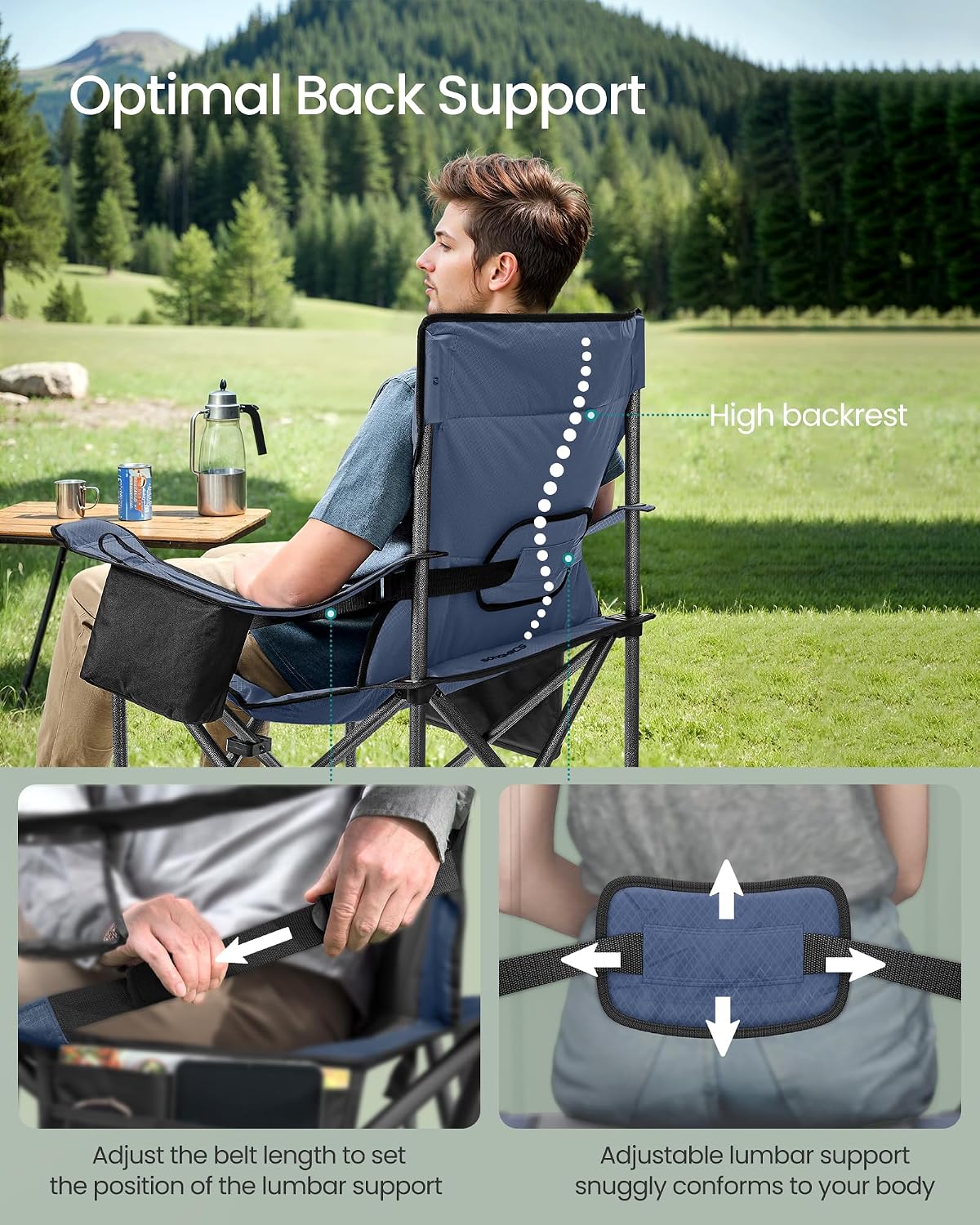 SONGMICS Folding Camping Chair, 450 lb Capacity | Folding lawn chair with cup holder and heavy-duty design, Ink Black, UGCB066B01