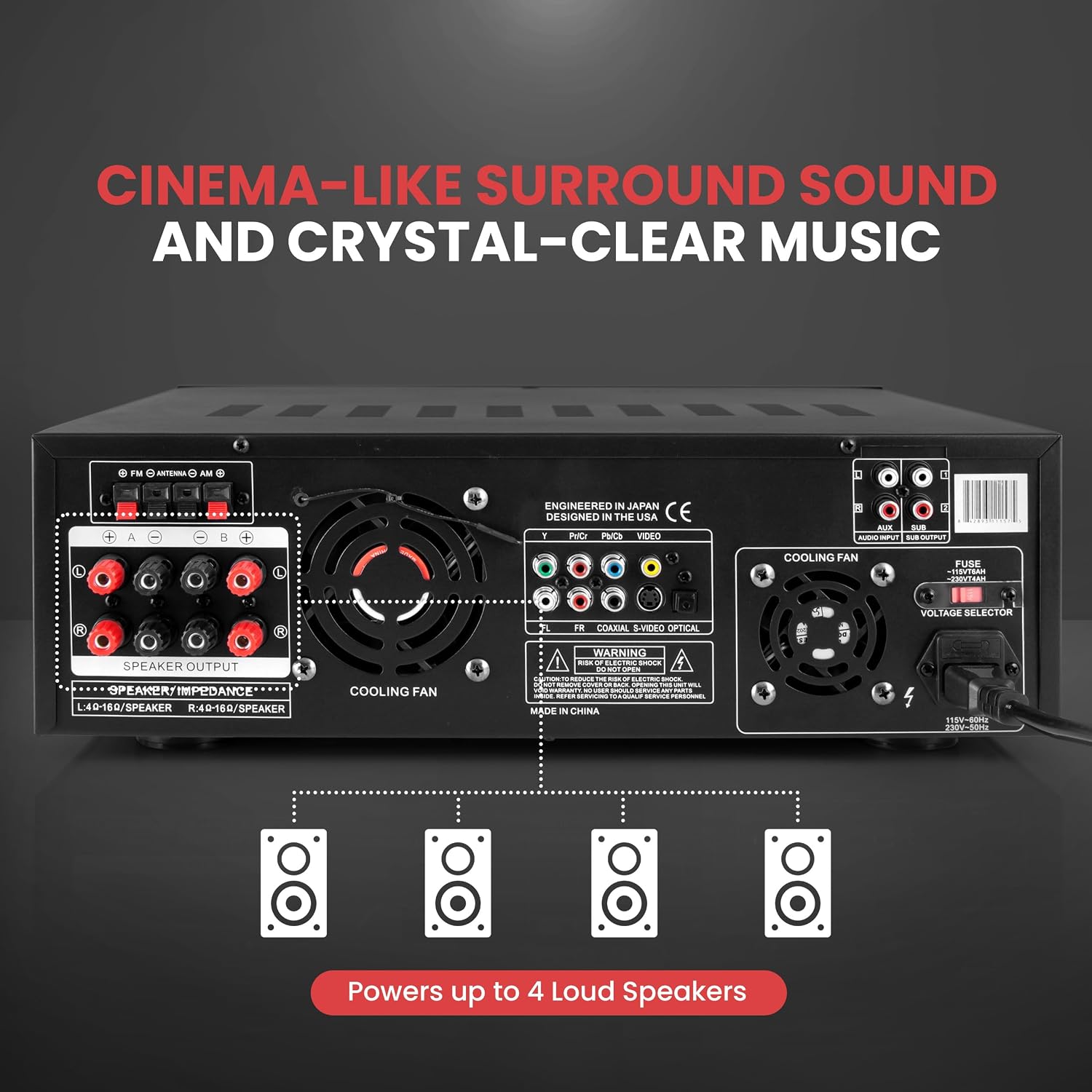 Pyle 4-Channel 1000W Power Amplifier with Bluetooth - Wireless Stereo Home Audio Receiver w/ Front Loading CD DVD Player, FM Radio, USB-A, Headphone