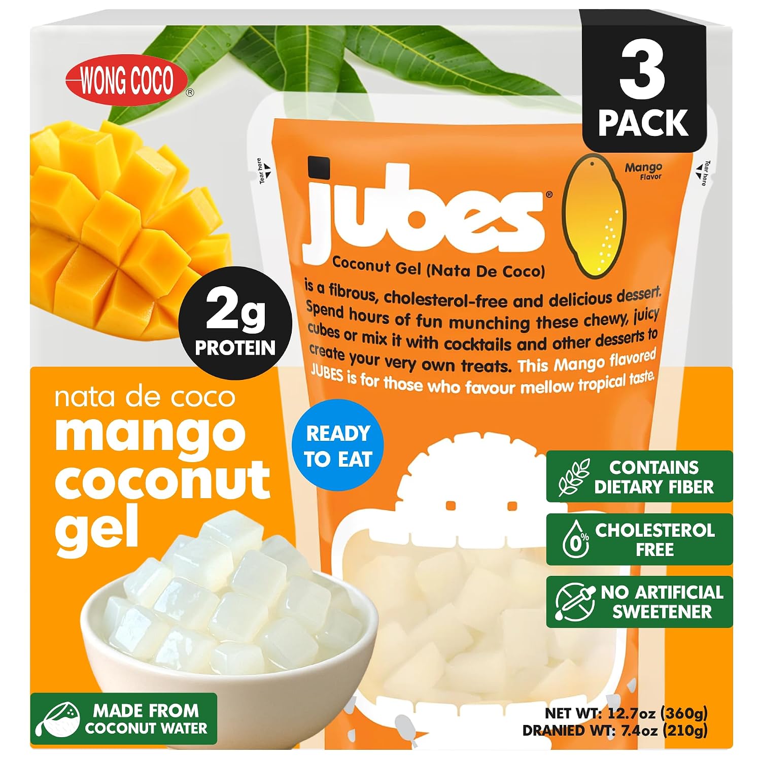 Jubes Pandan Nata De Coco Jelly Cubes (12.7 oz, Pack of 3) - Pandan Coconut Jelly Cubes for Sago - Coconut Gel in Syrup Toppings for Fruit Tea, Boba, Bubble Tea, Drinks, Desserts Yogurt, Ice Cream, Beverage