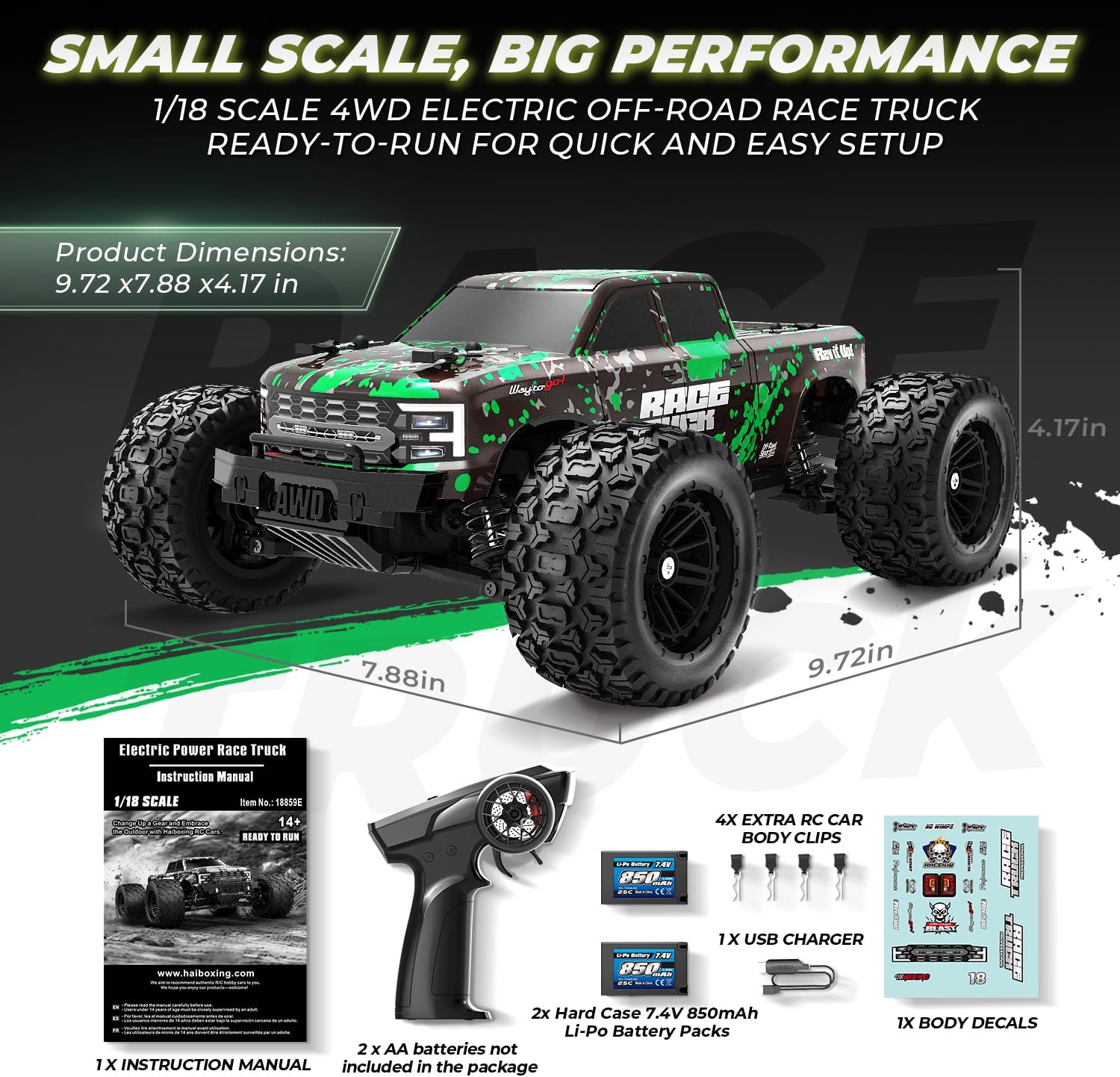 HAIBOXING 18859 1:18 Scale All Terrain RC Car, Hobby 4WD Remote Control Car | 2.4GHz Electric RC Vehicle 36 KPH High Speed 4X4 Waterproof Off-Road RC Truck with Two Rechargeable Batteries for RC Driving