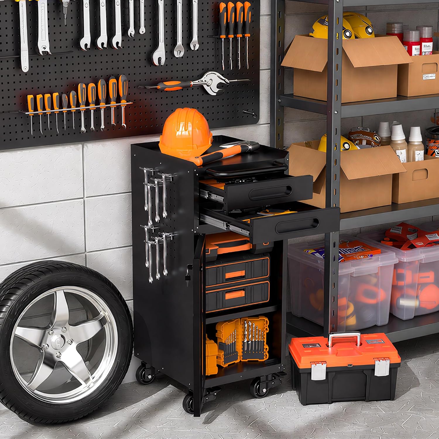 Garage Cabinets,Metal Garage Storage Cabinet with Wheels,Black Lockable Rolling Tool Cabinet with Drawer and Adjustable Shelves,Heavy Duty Tool Chest for Home Office Utility Room