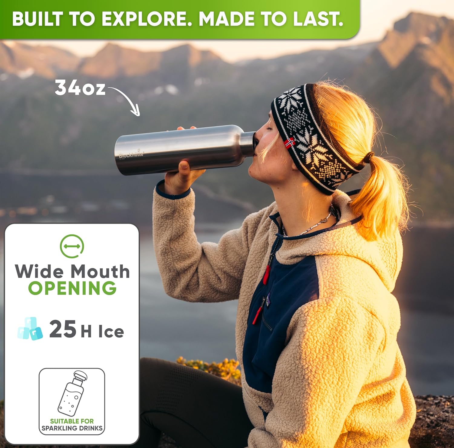 Blockhütte Vacuum Insulated Stainless Steel Water Bottle - 17 oz I Wide Mouth Metal Bottle for hot and cold drinks I BPA-Free I perfect for Travel
