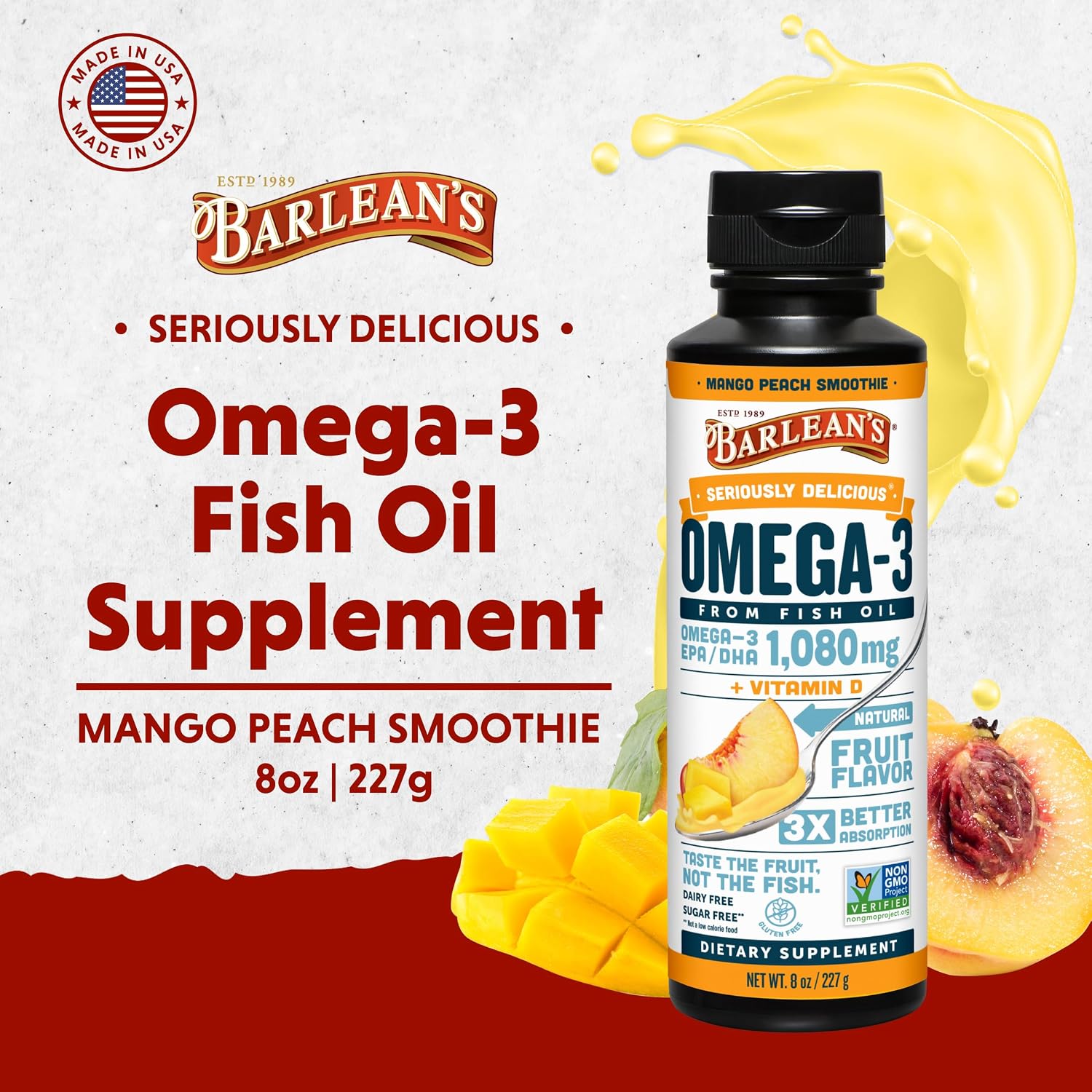Barlean's Mango Peach Omega-3 Fish Oil, Vitamin D, 1080mg EPA & DHA, 8oz | Wild-caught fish oil plus vitamin D, EPA DHA omega-3, Burpless, Non-GMO, Gluten-free, Heart, brain, bone & immune