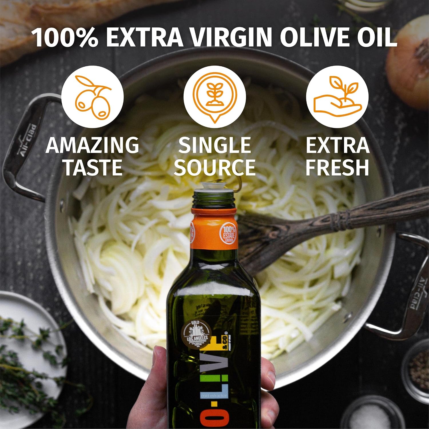 O-Live & Co. 25 Fl Oz 100% Extra Virgin Olive Oil - No Additive - Single Origin Versatile EVOO - First Cold Pressed - Polyphenol Rich - Glass Bottle - New Harvest - Award Winner