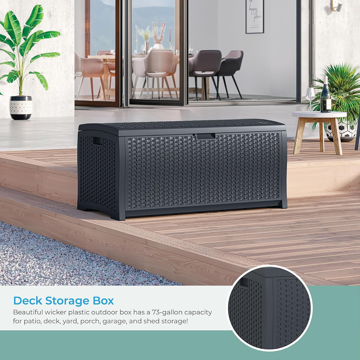 Suncast Outdoor Storage Box - 73 Gallon Mocha Brown Deck Box for Patio, weather-resistant Outdoor Storage Bench, Resin Wicker Style, Heavy-Duty, Lockable Lid for Cushions, Shoes, Pool & Garden Gear