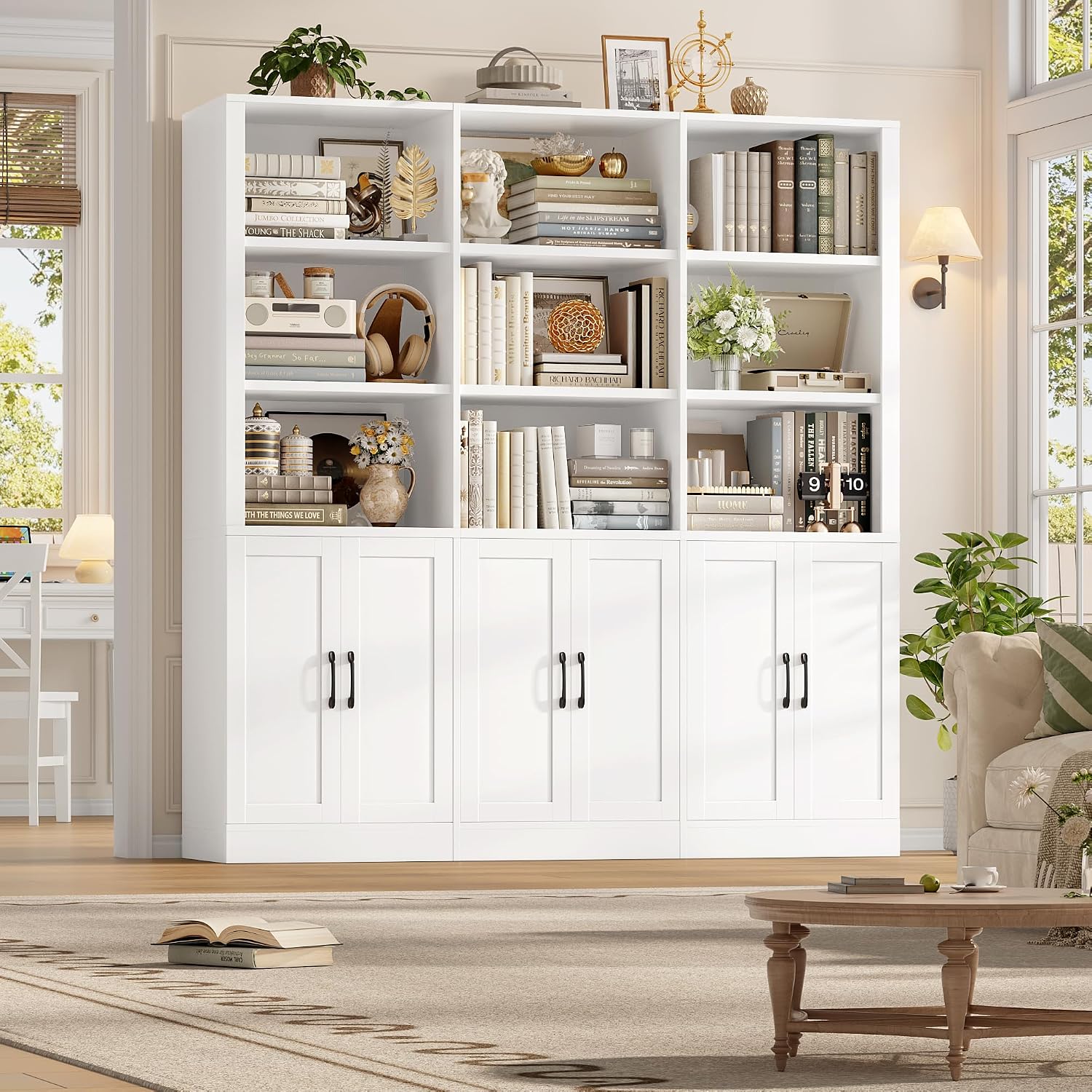 70” H x 63” W Triple Wide Bookshelf, Tall Bookcase with 6 Doors | 5 Tier Book Shelf with 15 Storage Shelves, Tall Book Case Large Bookshelves with Storage Cabinet for Home Office, White
