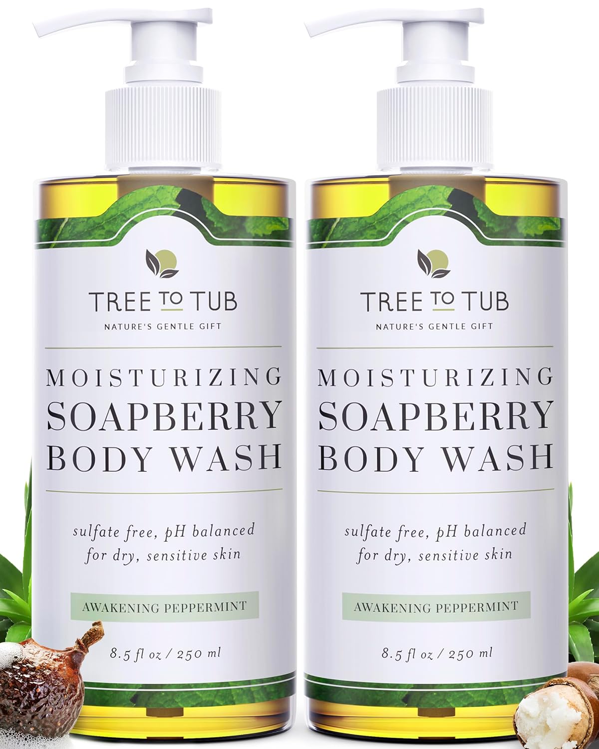 Tree To Tub Soapberry Body Wash for Dry, Sensitive Skin, pH 5.5, 8.5 Fl Oz | Sulfate & Paraben-Free, Rich Lather, Fragrance-Free, Shea Butter & Aloe Vera, Vegan & Cruelty-Free, Gentle for Daily Use