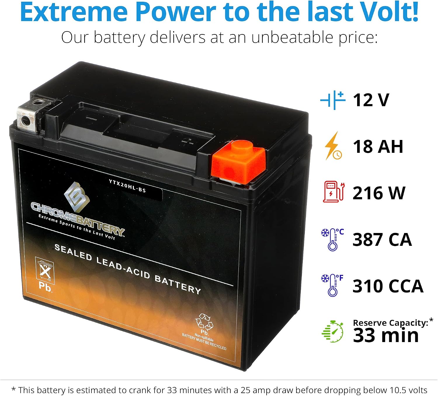 CB CHROMEBATTERY YTX30L-BS 12V 385 CCA AGM – Maintenance-Free 30Ah Battery for Harley, ATV, UTV, Snowmobile, Jet Ski – T3 Nut & Bolt Terminal – Fits Harley Touring, Polaris Sportsman 850
