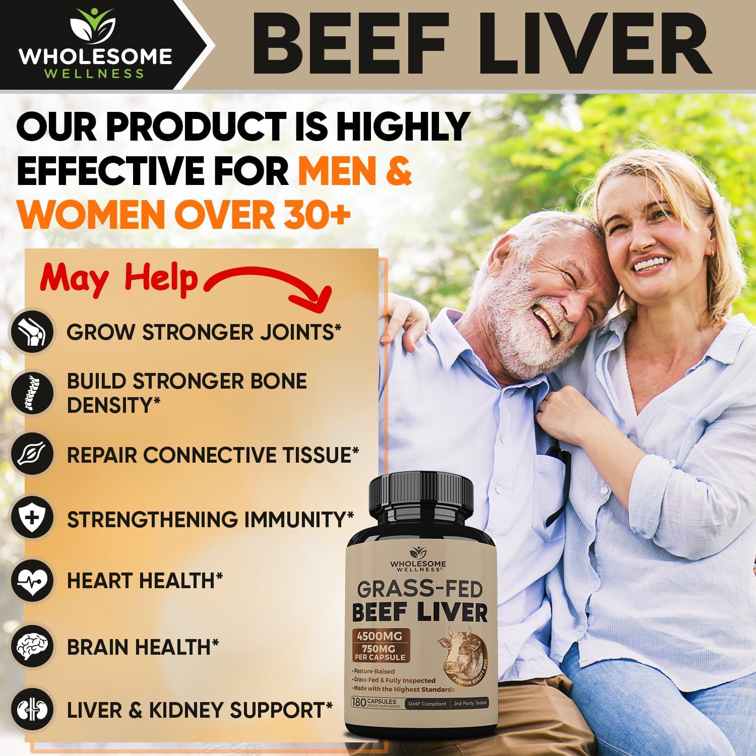 Wholesome Wellness Grass Fed Desiccated Beef Liver Capsules (180 Pills, 750mg Each) - Natural Iron, Vitamin A