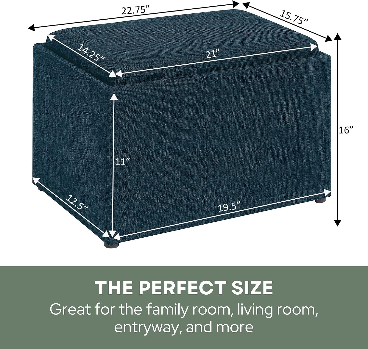 Convenience Concepts Designs4Comfort Accent Storage Ottoman 22.75" - Modern Foot Stool with Decorative Tray for Living Room, Dining Room, Office, Blue Faux Leather
