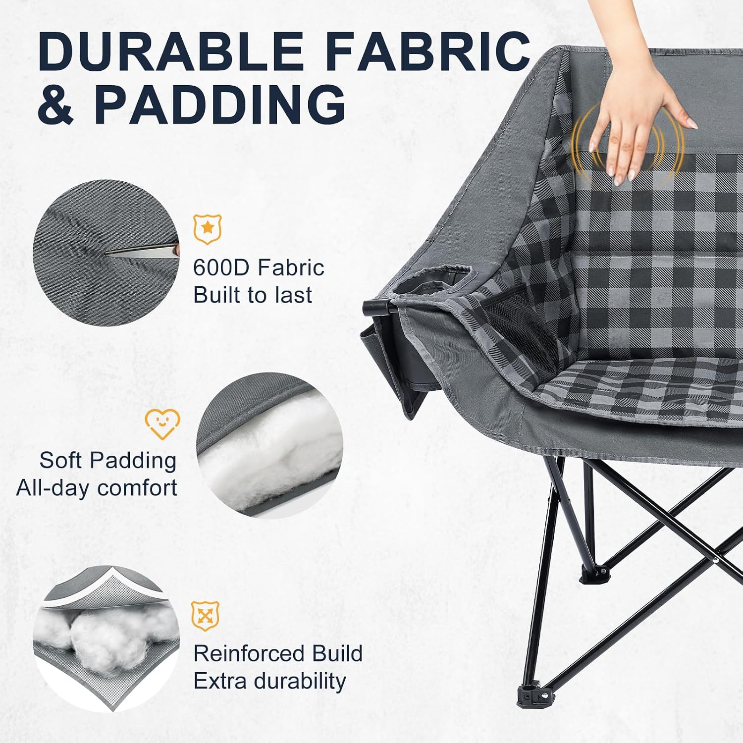 Oversized Camping Chairs for Adult - Heavy Duty Padded Portable Folding Chair XL Collapsible Camp Chair with Cup Holder Side Pocket for Outdoor Lawn Beach Sport Fishing Support 500LBS, Grey