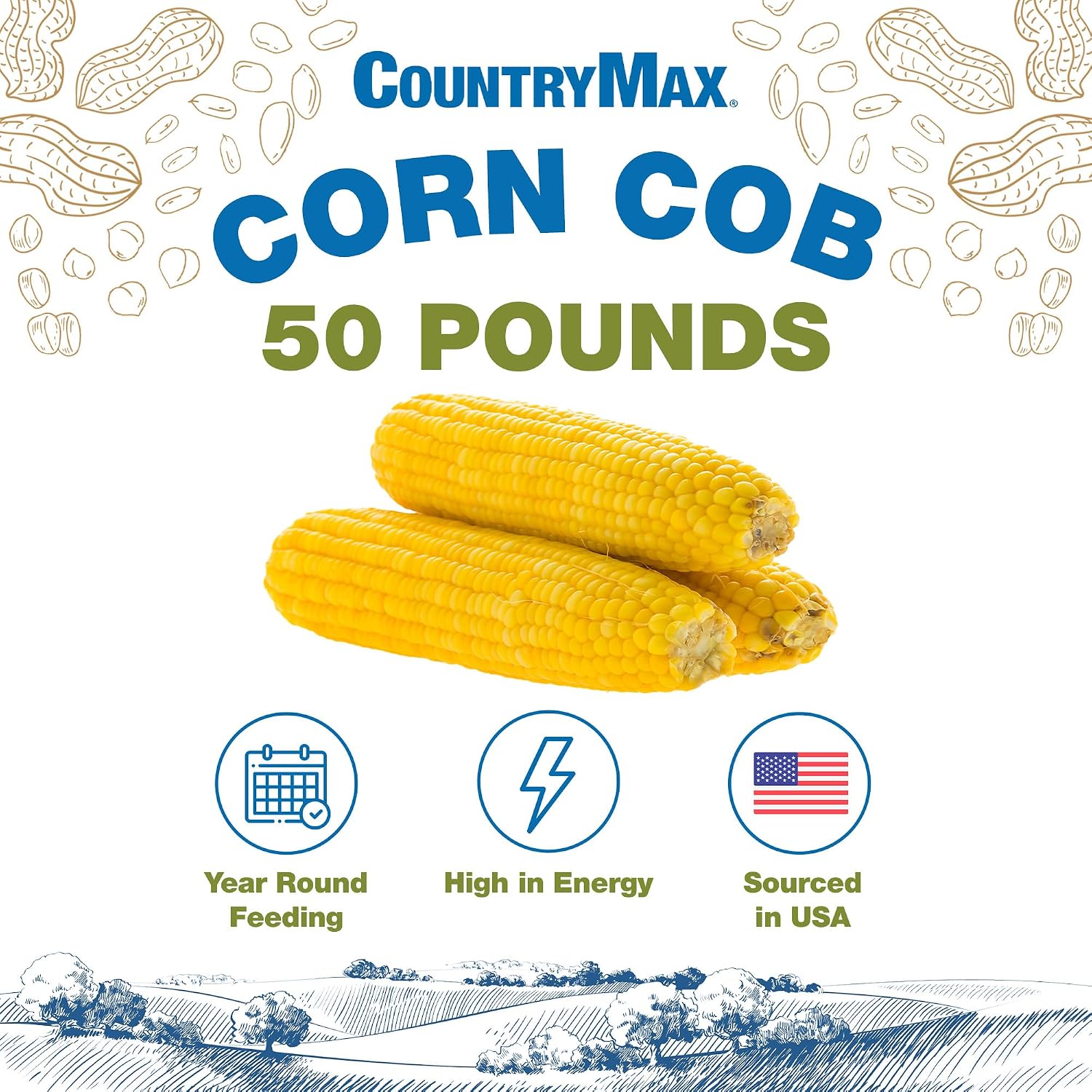 CountryMax 50LB Cracked Corn Chicken Feed, for Birds, Deer, Squirrels | High Energy, USA Sourced, Year-Round Feeding for Poultry, Wildlife, Birds. For Ground Feeding or Bird Feeders