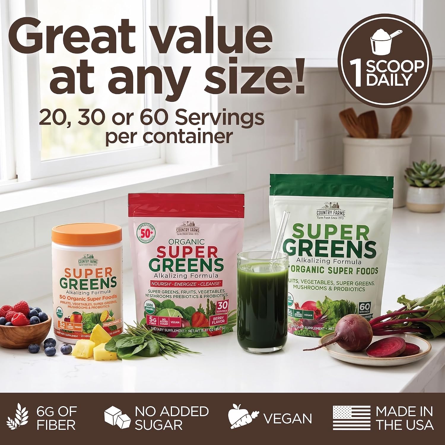 Country Farms Organic Super Greens Powder, Daily Greens Drink Mix with 50 Organic Superfoods, Fruits, Vegetables, Fiber, Mushrooms & Probiotics for Gut Health, Digestion & Energy, Berry Flavor