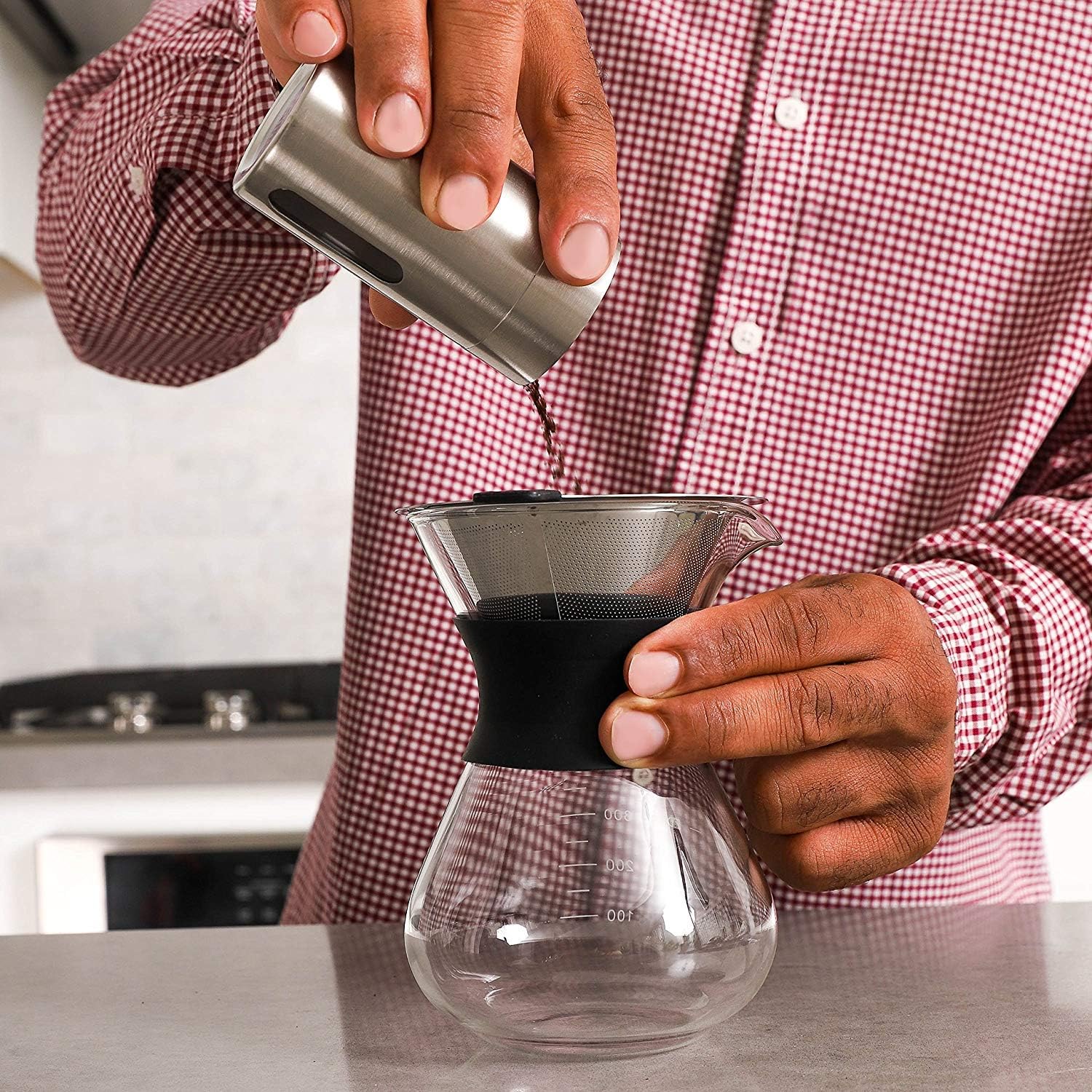 Boxtree Pour Over Coffee Maker Set with Reusable Stainless Steel Drip Filter Elegant Coffee Dripper Pot Glass Carafe & Permanent Stainless Steel