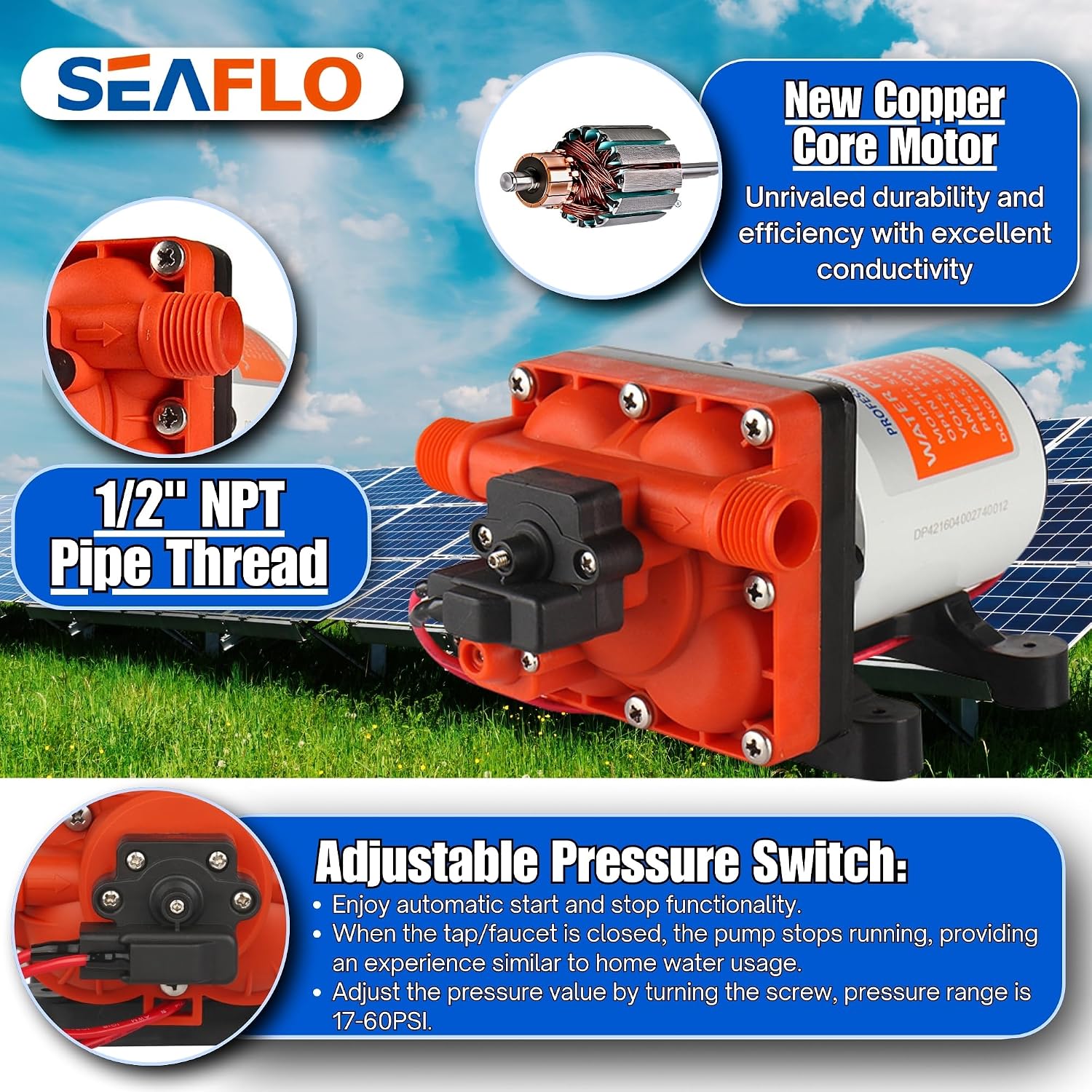 SEAFLO 55 Series 12V RV Water Pump 5.5 GPM 60 PSI Diaphragm Pump Heavy Duty Pressure Switch Built In Bypass Self Priming Quiet High Flow RV Marine Off Grid Freshwater System 4-Year Warranty