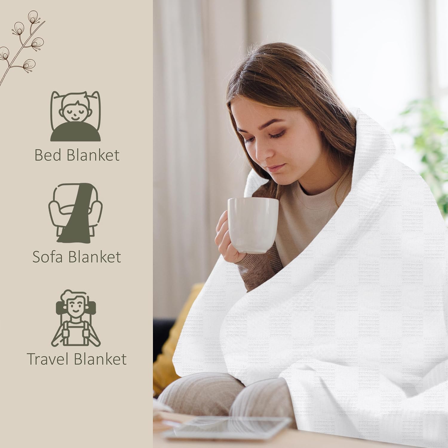 Oakias 100% Cotton Blanket Queen Size, White 90 x 90 Inches – 350 GSM Soft