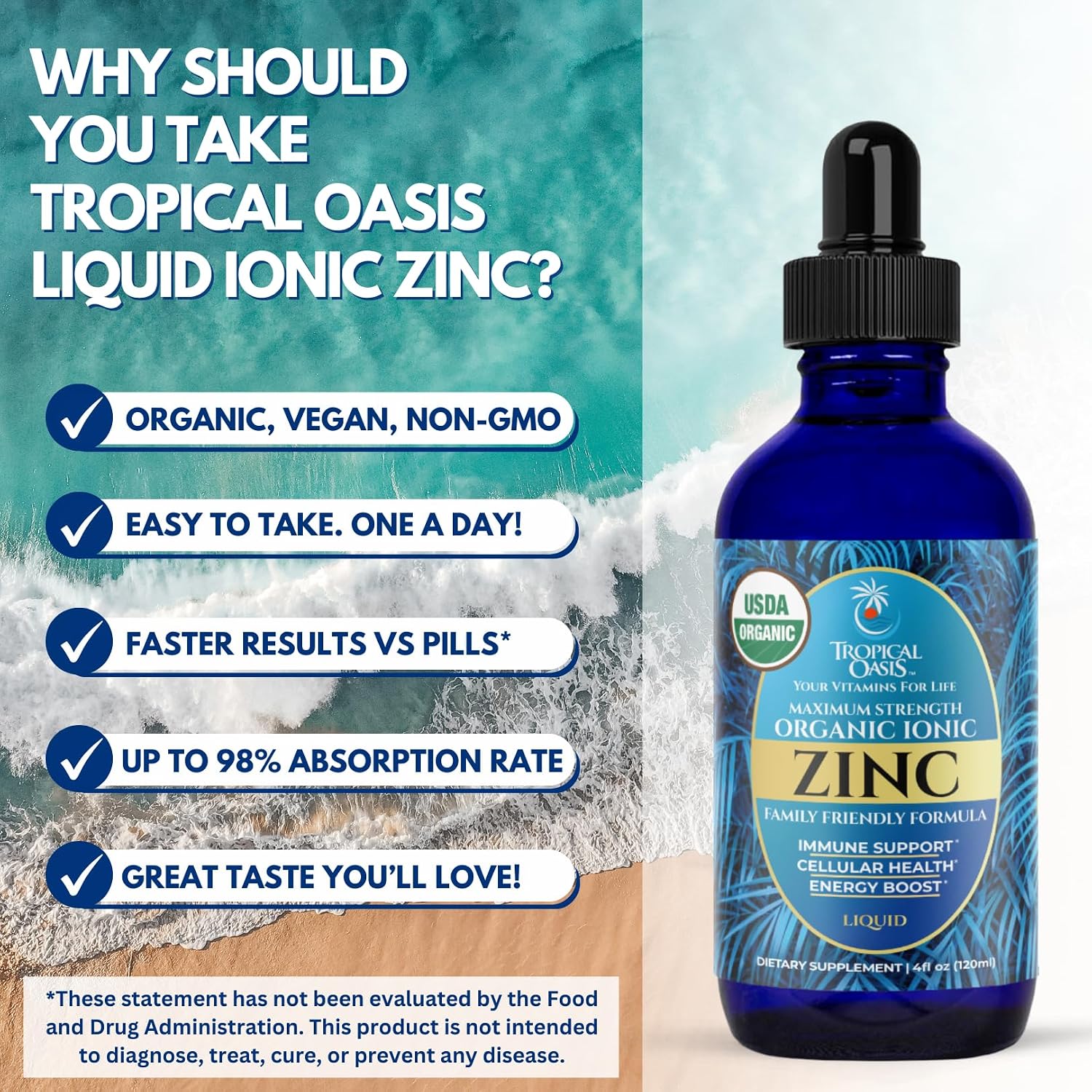 Tropical Oasis - Premium Ionized Plant Based Trace Minerals Liquid Formula- 74 essential minerals in liquid form for up to 96% Absorption - 16 oz, 32 servings