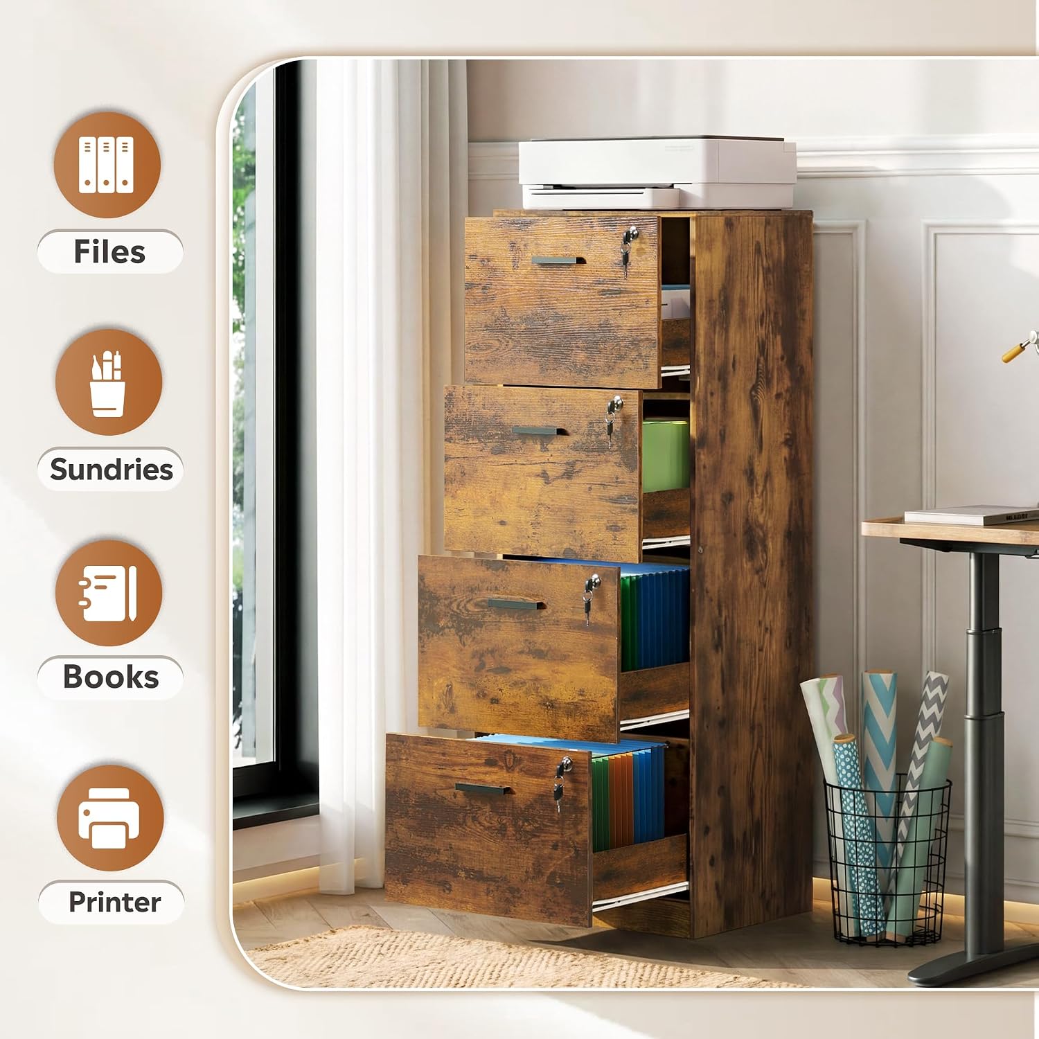 DEVAISE 3 Drawer Wood File Cabinet with Lock, Fits Letter and A4 Size | Wooden Tall Vertical Filing Cabinet, Home Office Printer Stand, Easy Assembly, White