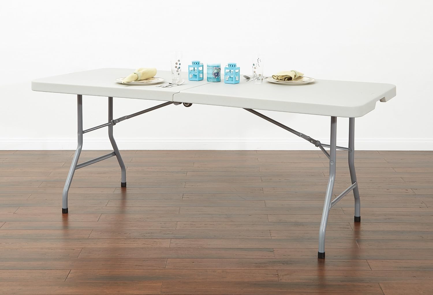 Office Star Resin Rectangle Center-Folding Portable Table for Picnics, Camping, and Tailgating, 5 Feet, with Wheels Light Gray
