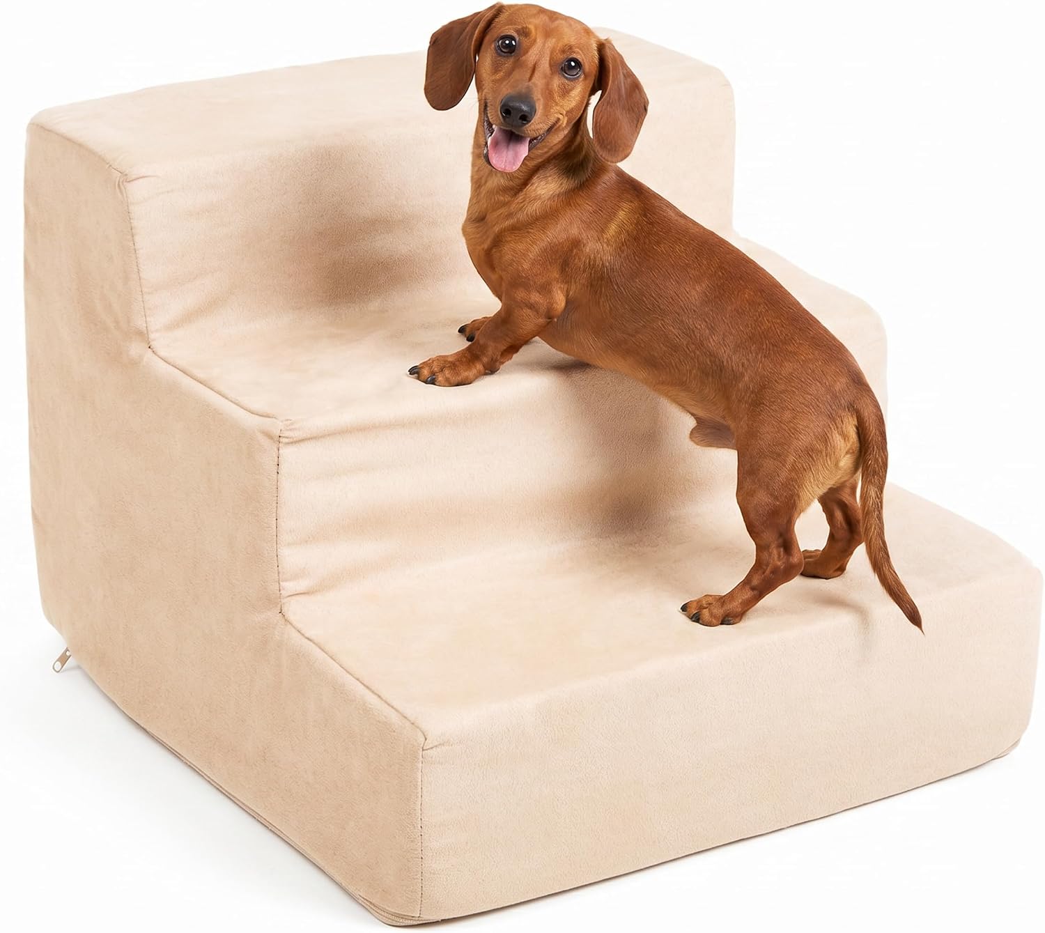 3-Step Pet Stairs - Nonslip Foam Dog and Cat Steps with Removable Zippered Microfiber Cover - 2-Tone Design for Home or Vehicle Use by PETMAKER (Tan) | 3-Step Pet Steps for High Bed and Couch - Pet Stairs with Nonslip Bottom, High-Density Foam, and Remov…