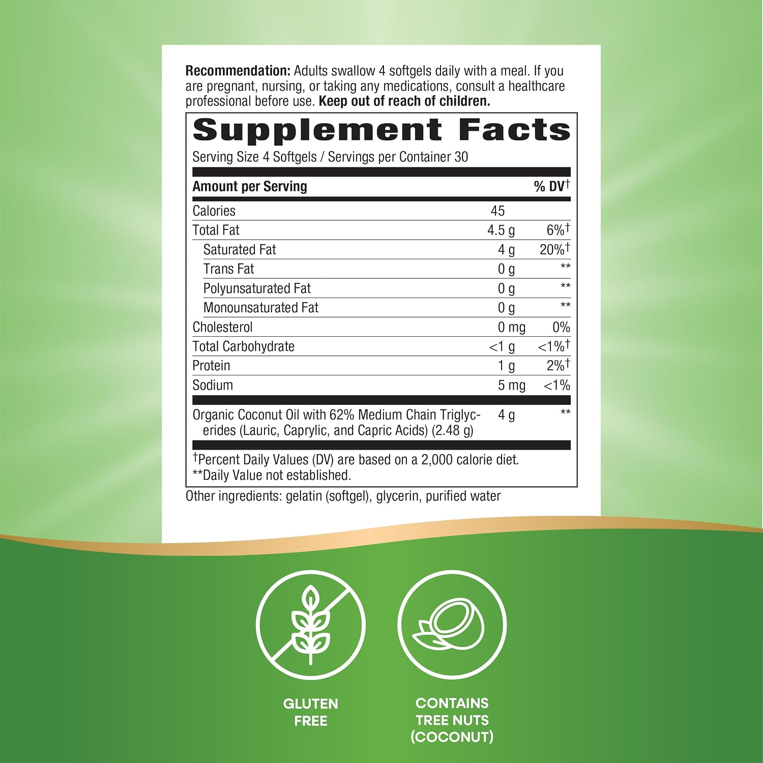Nature's Way Coconut Oil Softgels, 4, 000 mg Coconut Oil per Serving, 120 ct | 62% MCTs(1), Hexane-Free, Gluten-Free
